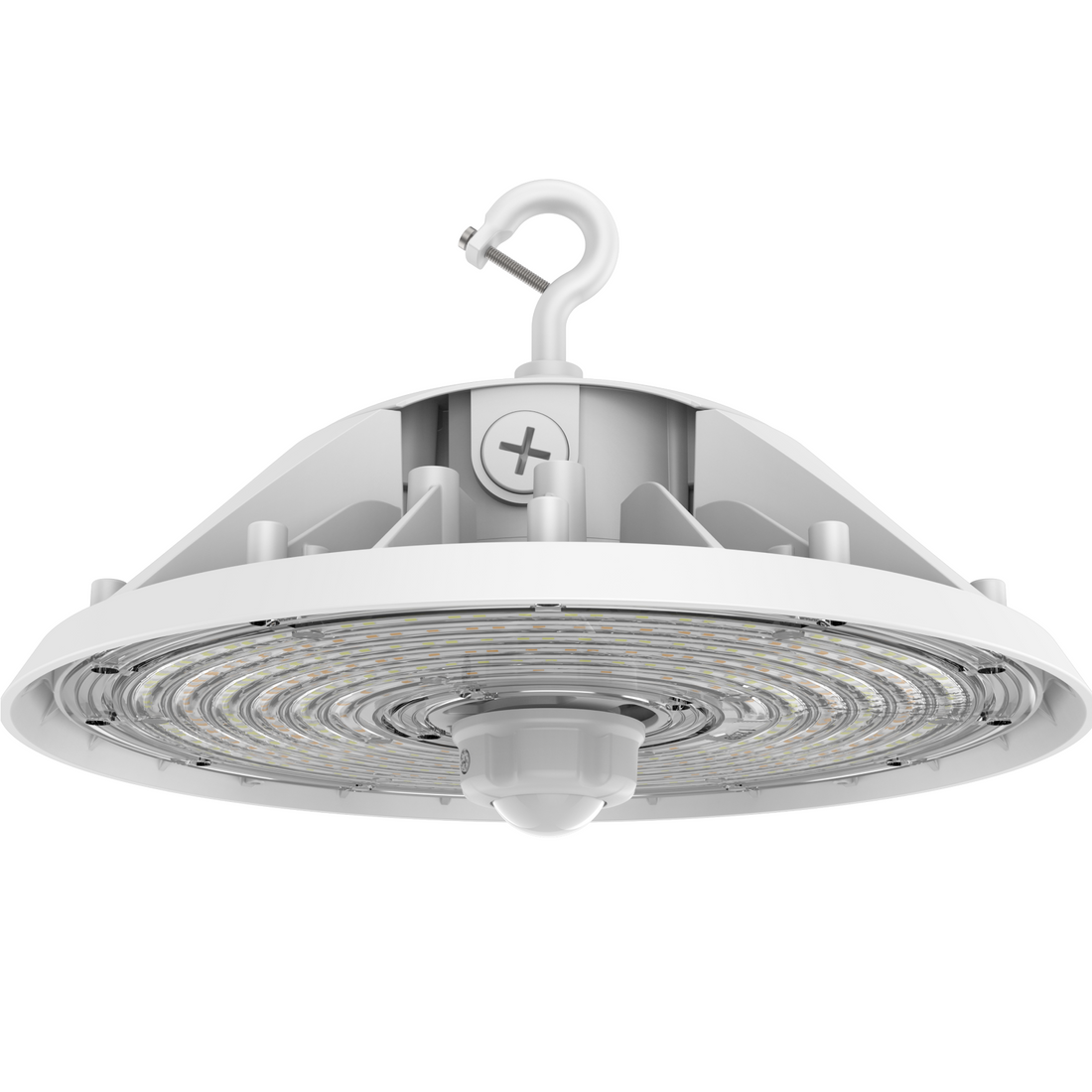 UFO LED High Bay Light 100W/120W/150W Wattage Adjustable, 4000/5000K CCT Changeable, 23100LM, 0-10V Dim, With Sensor Base, 120-277VAC DLC 5.1 Premium, White, For Warehouse Workshop Factory Barn Gymnasium