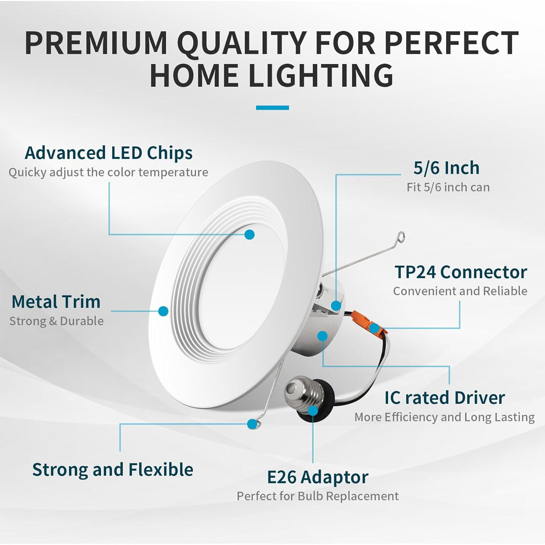 6" Deep Baffle LED Downlight - 14W - 120V - 1100 Lumens - CCT Changeable (27/30/35/40/50K)