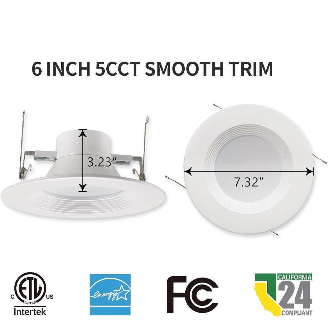 6" Deep Baffle LED Downlight - 14W - 120V - 1100 Lumens - CCT Changeable (27/30/35/40/50K)