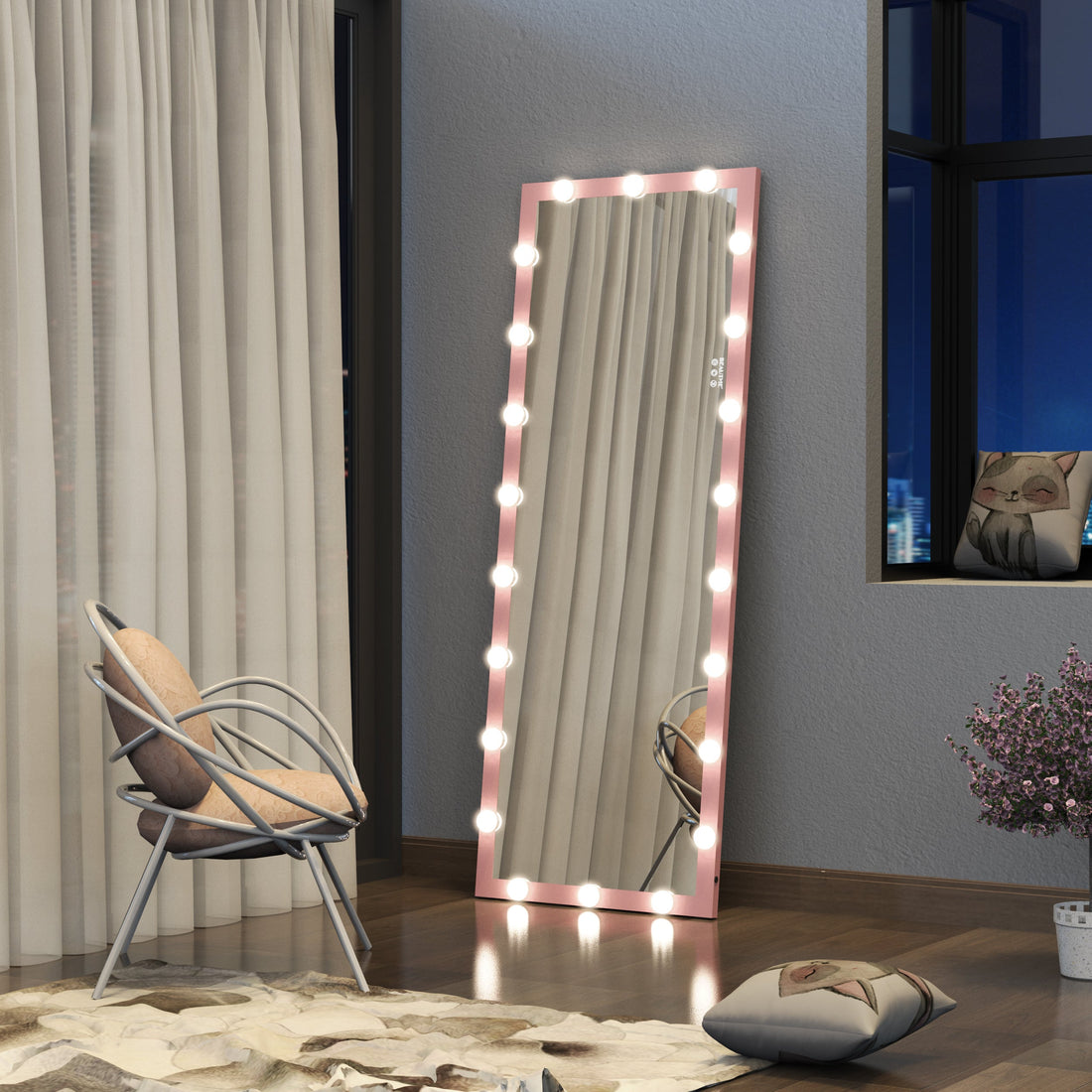 Luxury Wall standing Bedroom Hotel Full Length Mirror with LED Bulbs Touch Control Full Body Dressing Pink Hollywood Vanity Mirror With 3 color Lights