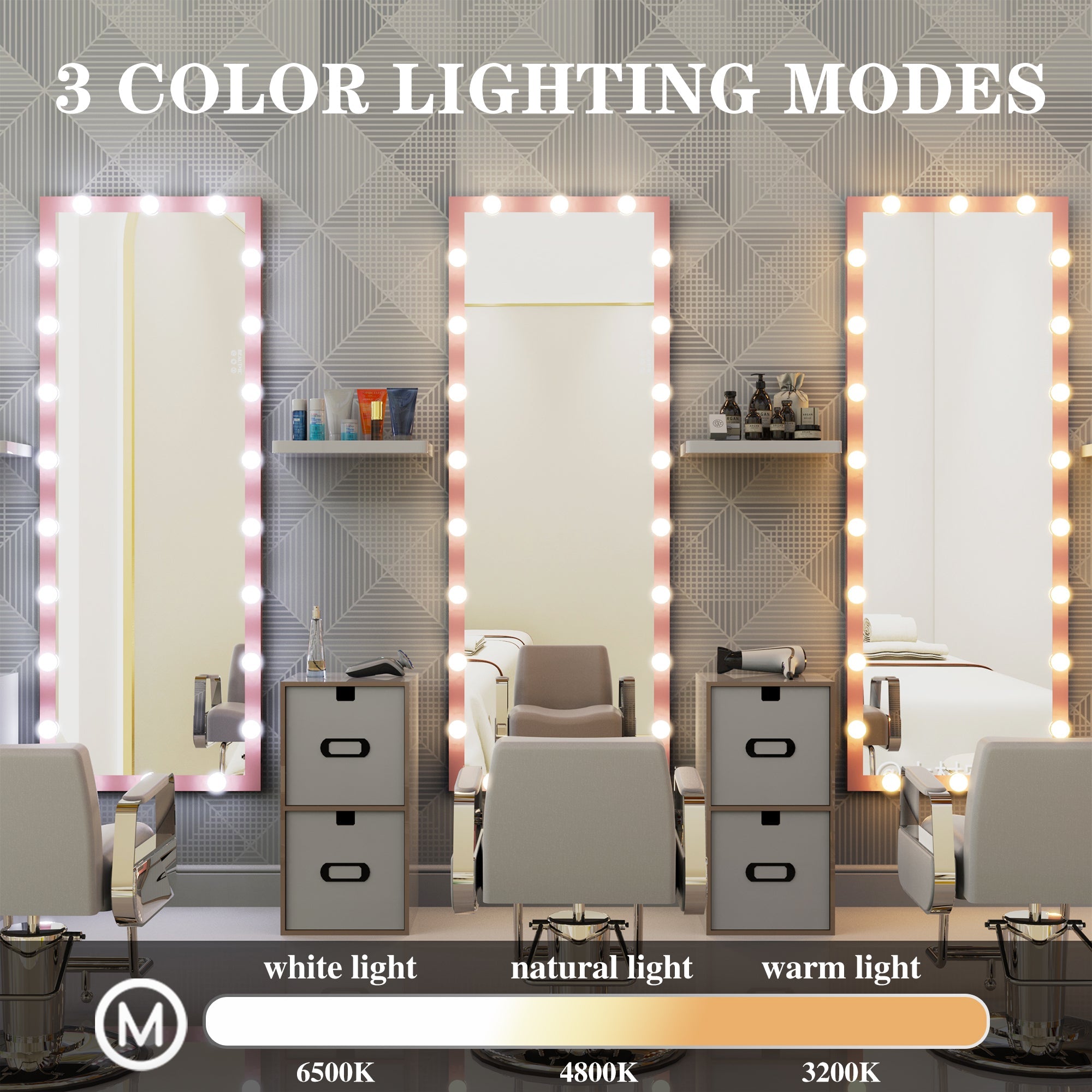 Luxury Wall standing Bedroom Hotel Full Length Mirror with LED Bulbs Touch Control Full Body Dressing Pink Hollywood Vanity Mirror With 3 color Lights