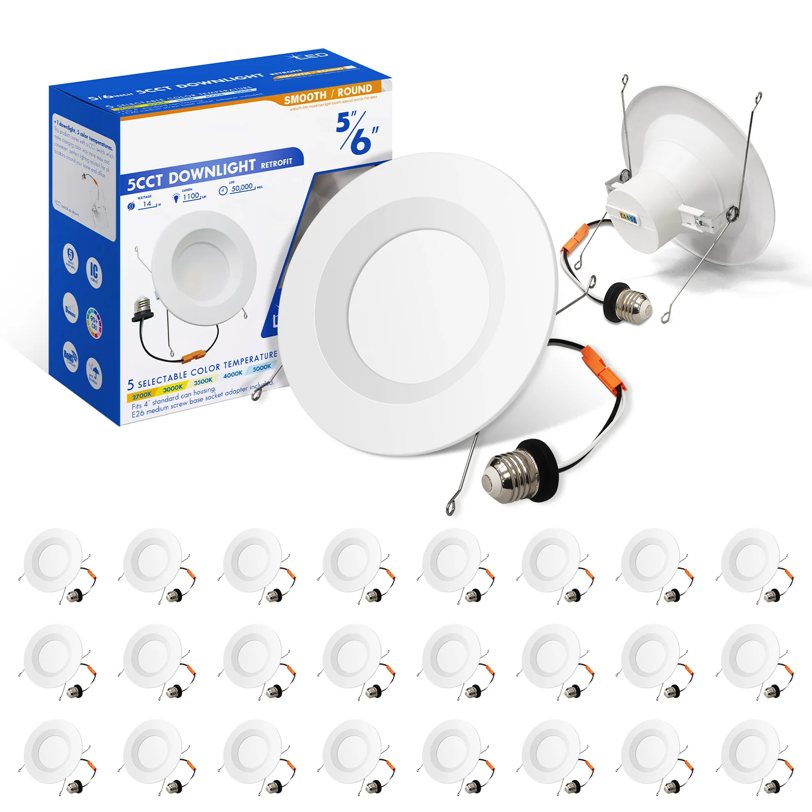 6" Deep Baffle LED Downlight - 14W - 120V - 1100 Lumens - CCT Changeable (27/30/35/40/50K)
