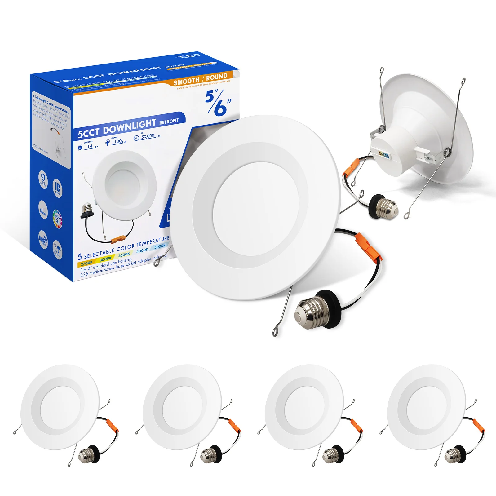 6" Deep Baffle LED Downlight - 14W - 120V - 1100 Lumens - CCT Changeable (27/30/35/40/50K)