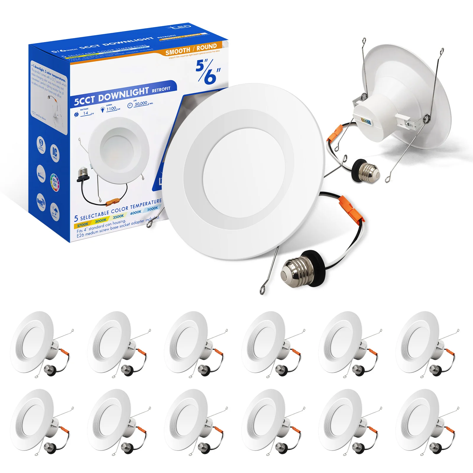6" Deep Baffle LED Downlight - 14W - 120V - 1100 Lumens - CCT Changeable (27/30/35/40/50K)