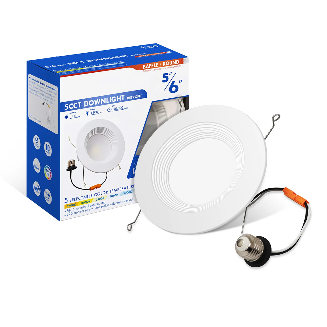 6" Deep Baffle LED Downlight - 14W - 120V - 1100 Lumens - CCT Changeable (27/30/35/40/50K)