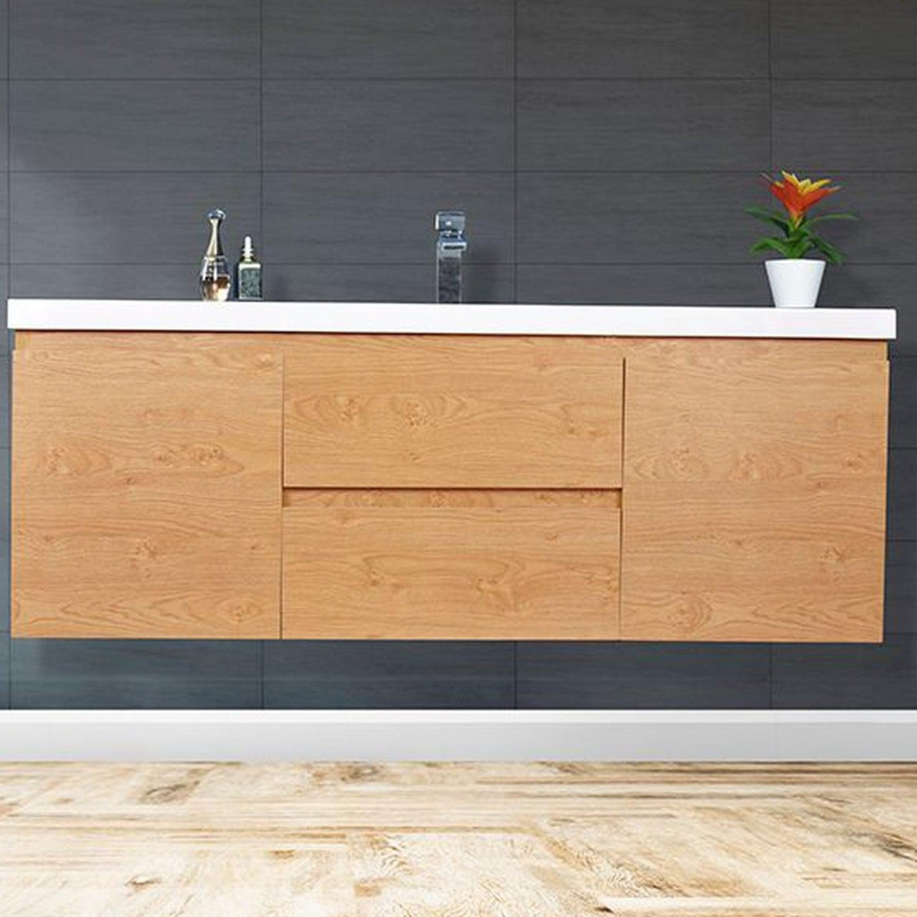 Boho Elegance 60" New England Oak Wall-Mounted Vanity With Single Reinforced White Acrylic Sink