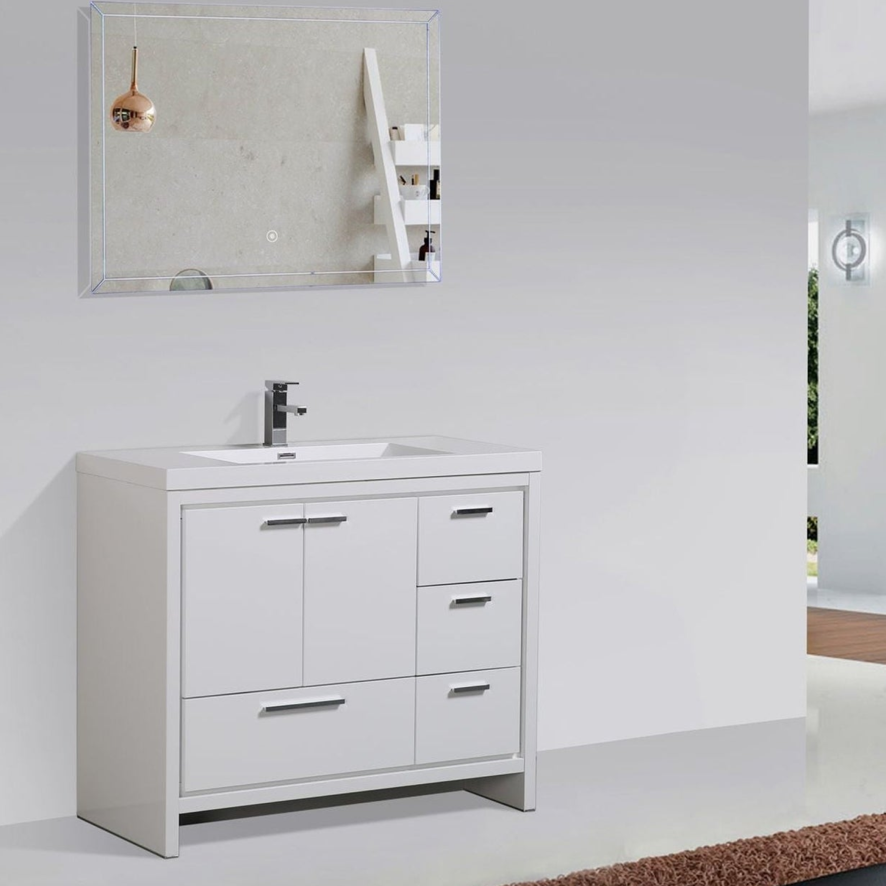 Amara 42" High Gloss White Freestanding Vanity With Right Side Drawers and Single Reinforced White Acrylic Sink