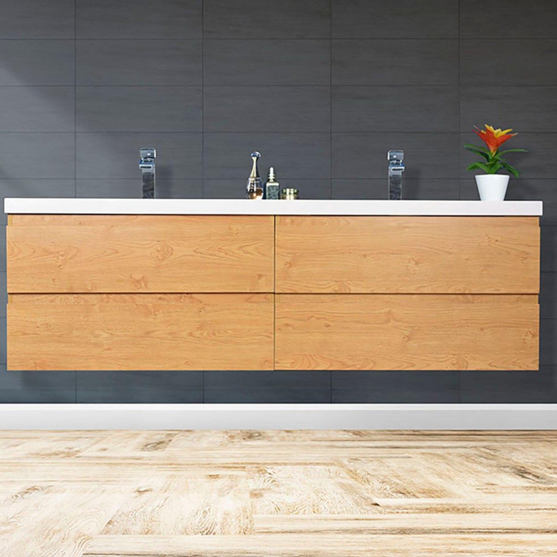 Boho Elegance 72" New England Oak Wall-Mounted Vanity With Double Reinforced White Acrylic Sinks