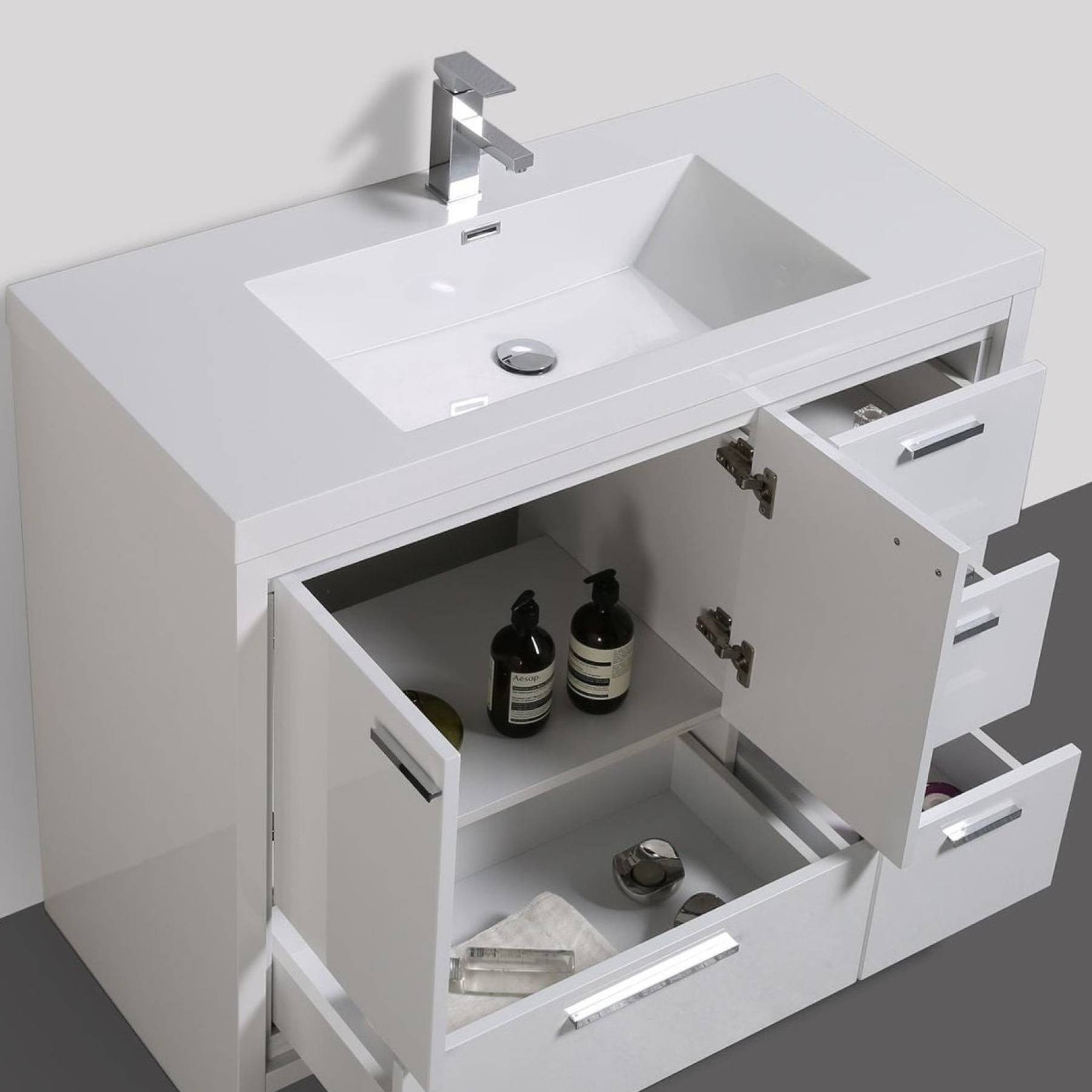 Amara 42" High Gloss White Freestanding Vanity With Right Side Drawers and Single Reinforced White Acrylic Sink