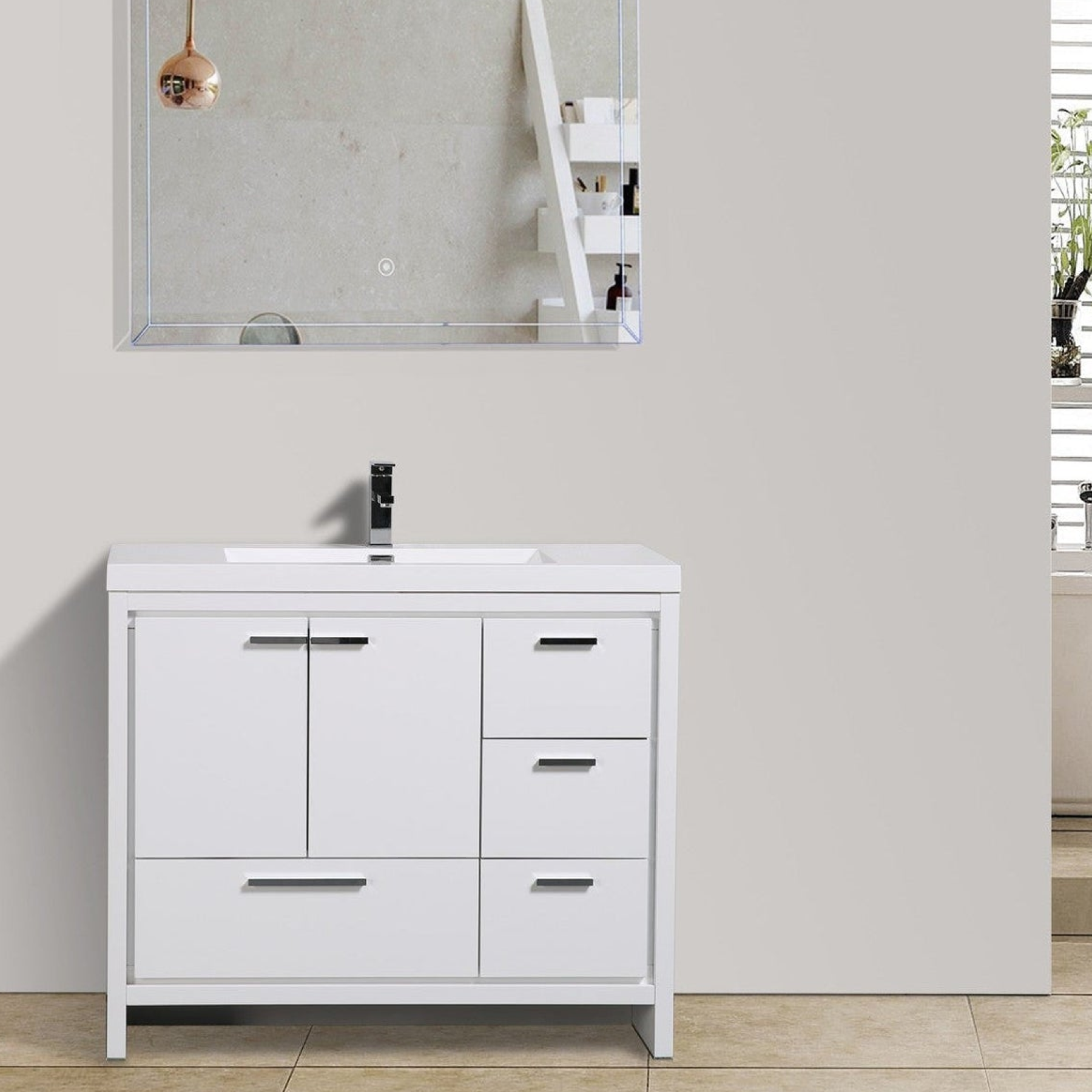 Amara 42" High Gloss White Freestanding Vanity With Right Side Drawers and Single Reinforced White Acrylic Sink