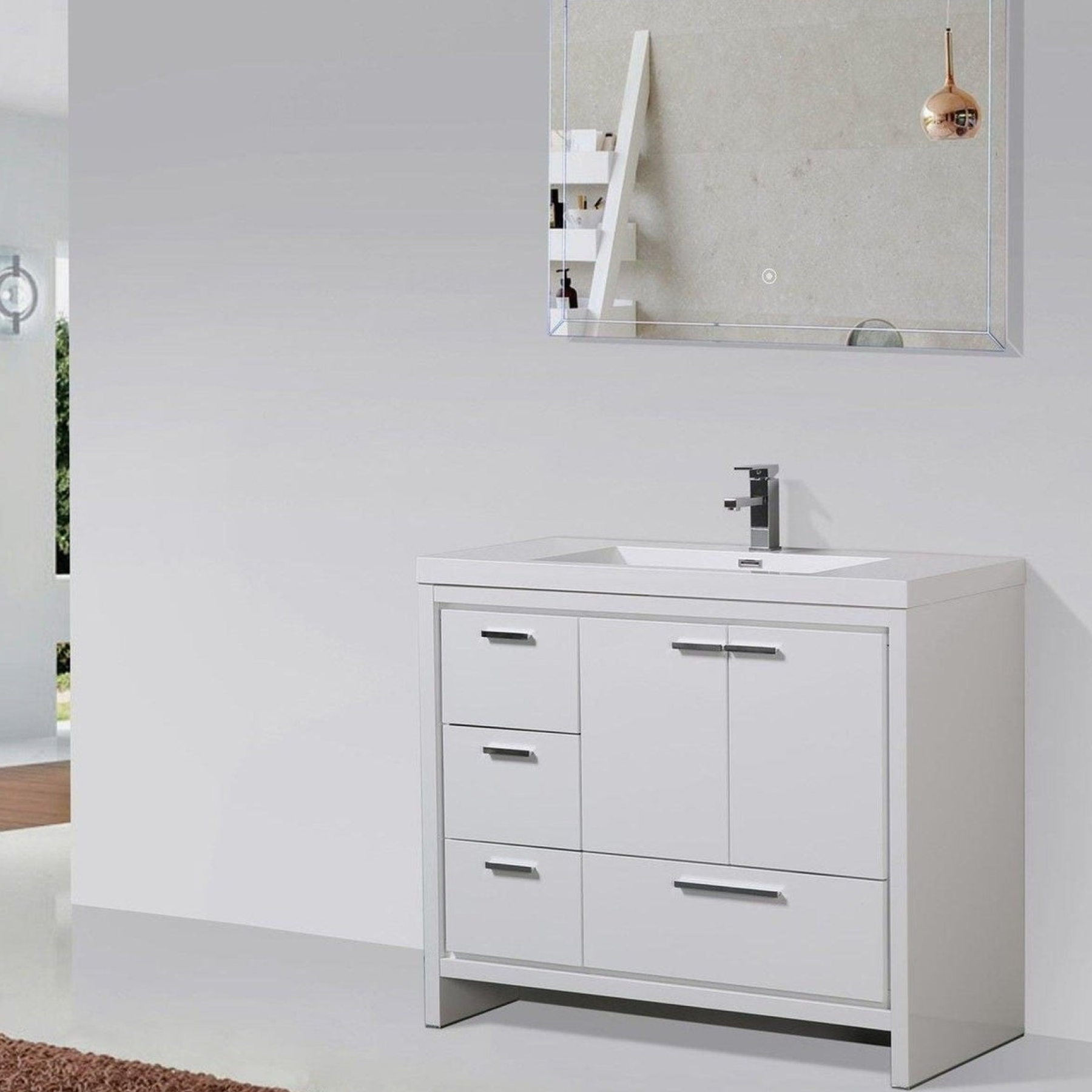 Amara 42" High Gloss White Freestanding Vanity With Left Side Drawers and Single Reinforced White Acrylic Sink