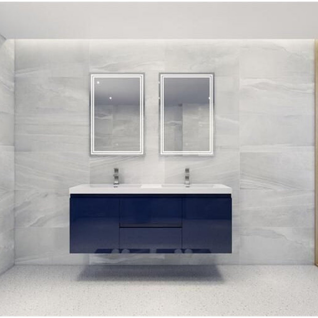 Boho Elegance 60" High Gloss Night Blue Wall-Mounted Vanity With Double Reinforced White Acrylic Sinks