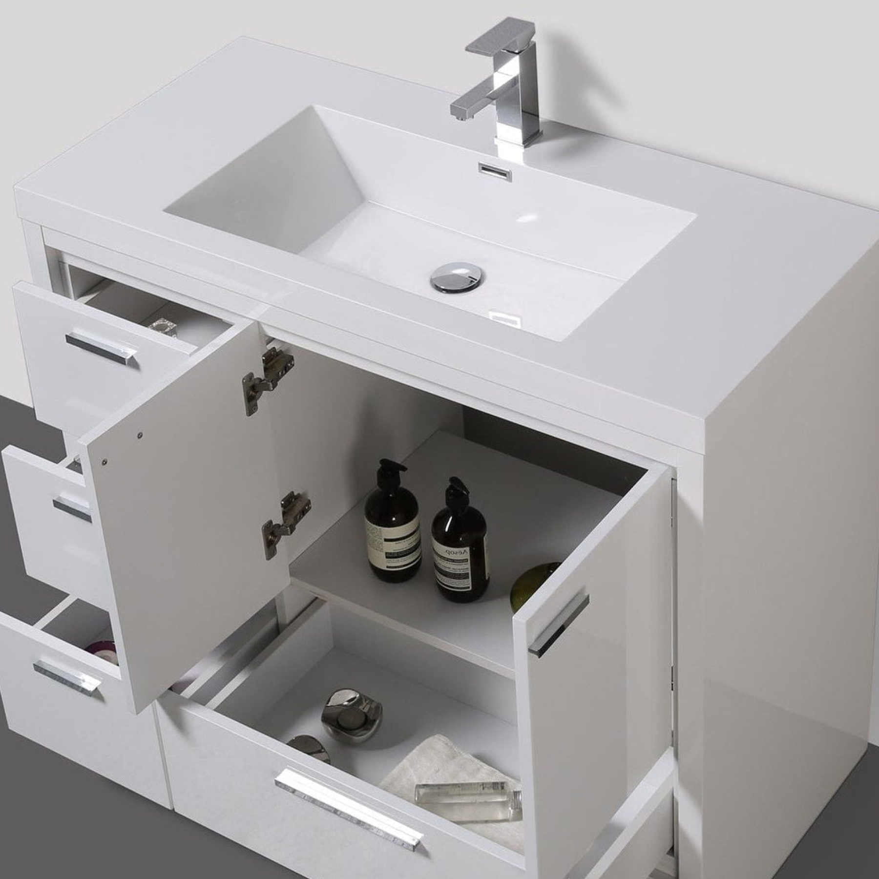 Amara 42" High Gloss White Freestanding Vanity With Left Side Drawers and Single Reinforced White Acrylic Sink