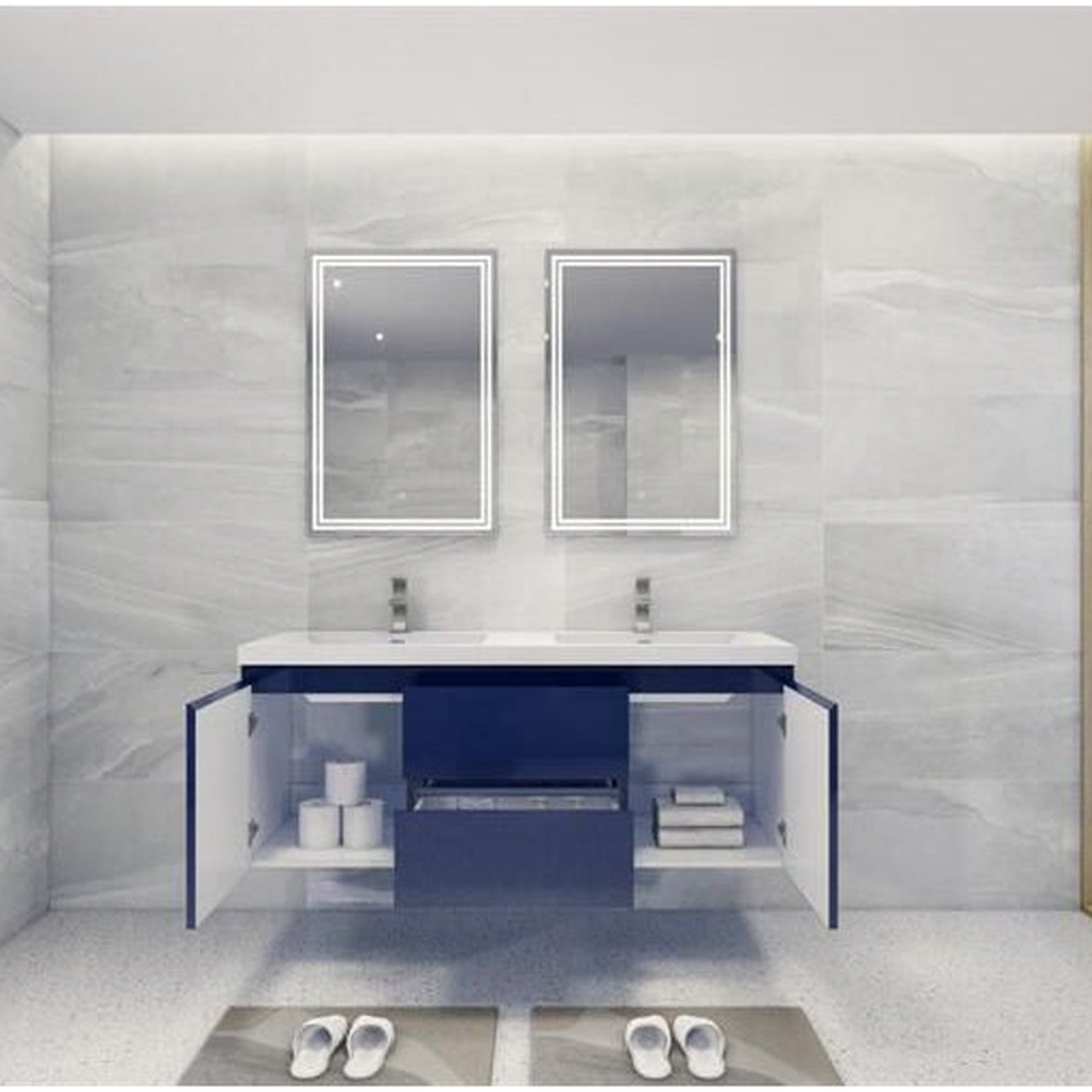 Boho Elegance 60" High Gloss Night Blue Wall-Mounted Vanity With Double Reinforced White Acrylic Sinks