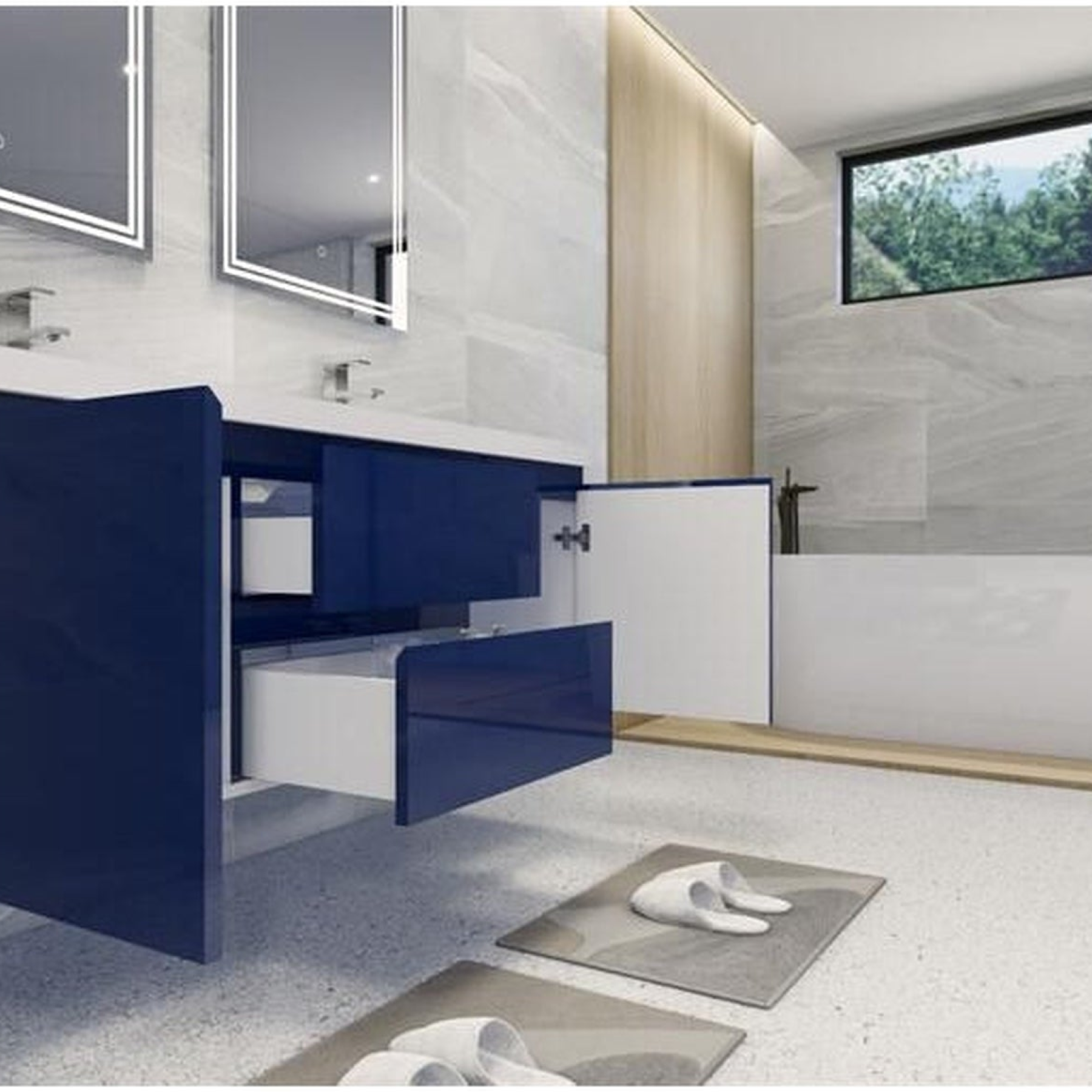 Boho Elegance 60" High Gloss Night Blue Wall-Mounted Vanity With Double Reinforced White Acrylic Sinks
