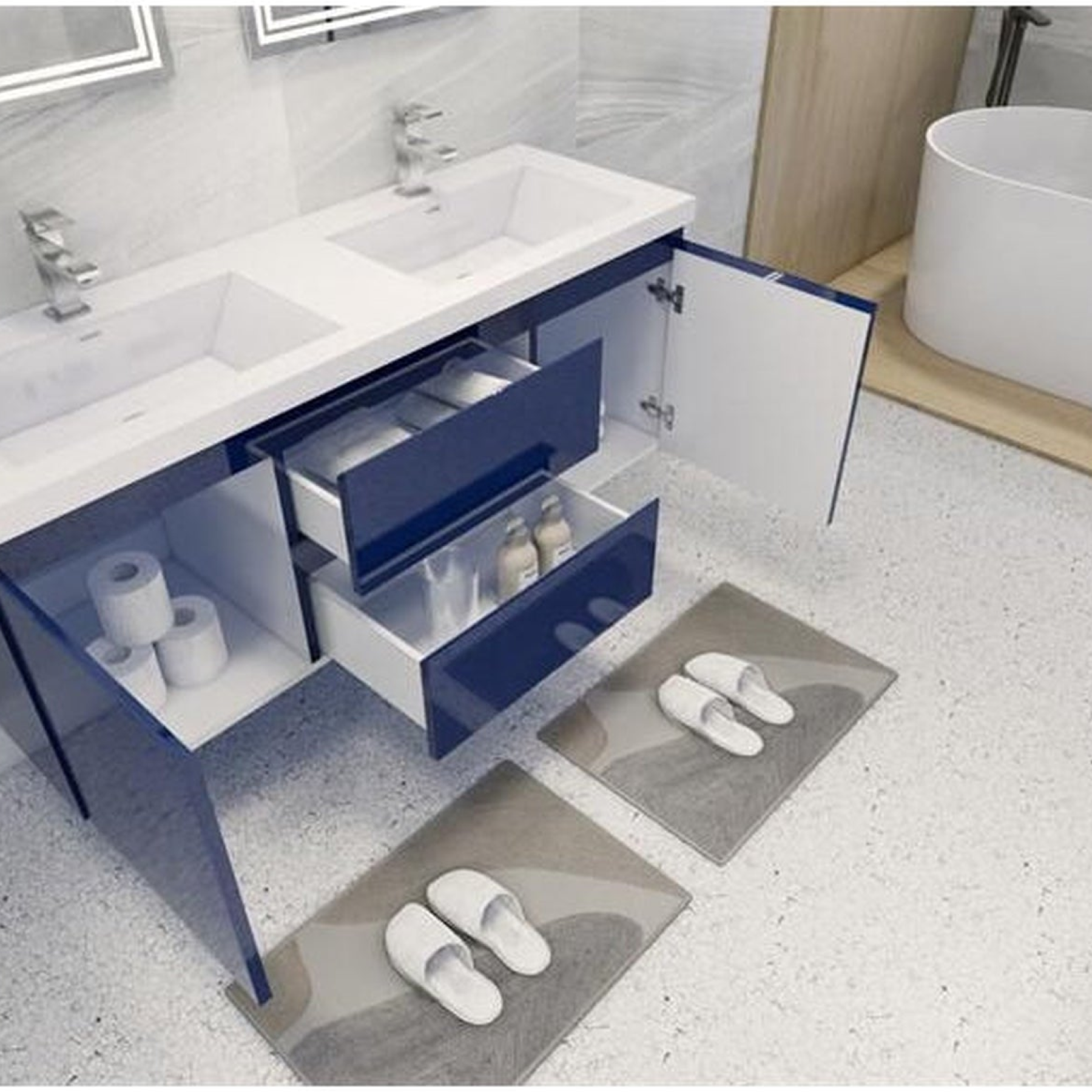 Boho Elegance 60" High Gloss Night Blue Wall-Mounted Vanity With Double Reinforced White Acrylic Sinks