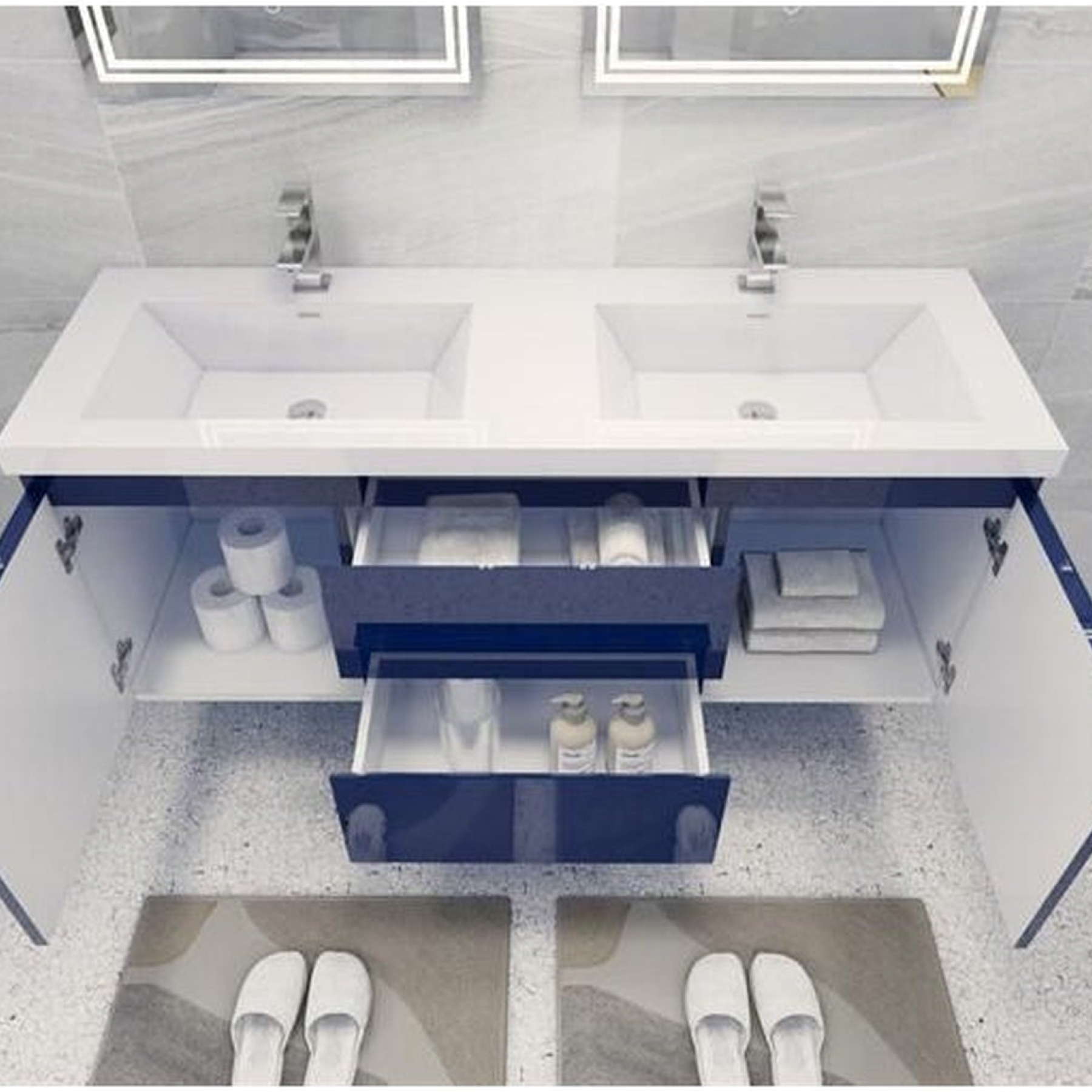 Boho Elegance 60" High Gloss Night Blue Wall-Mounted Vanity With Double Reinforced White Acrylic Sinks