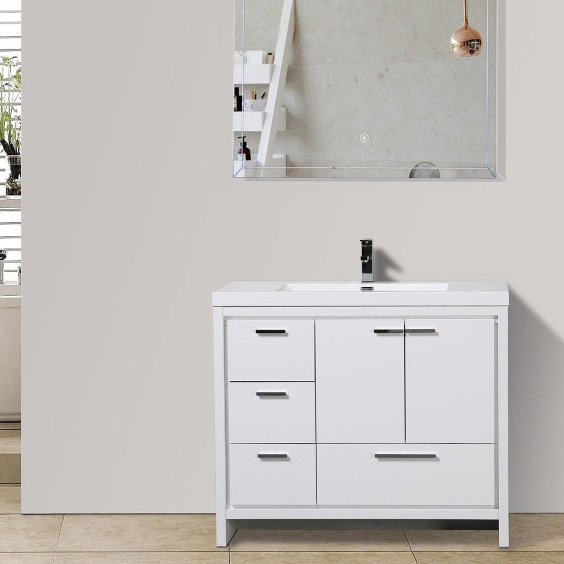 Amara 42" High Gloss White Freestanding Vanity With Left Side Drawers and Single Reinforced White Acrylic Sink