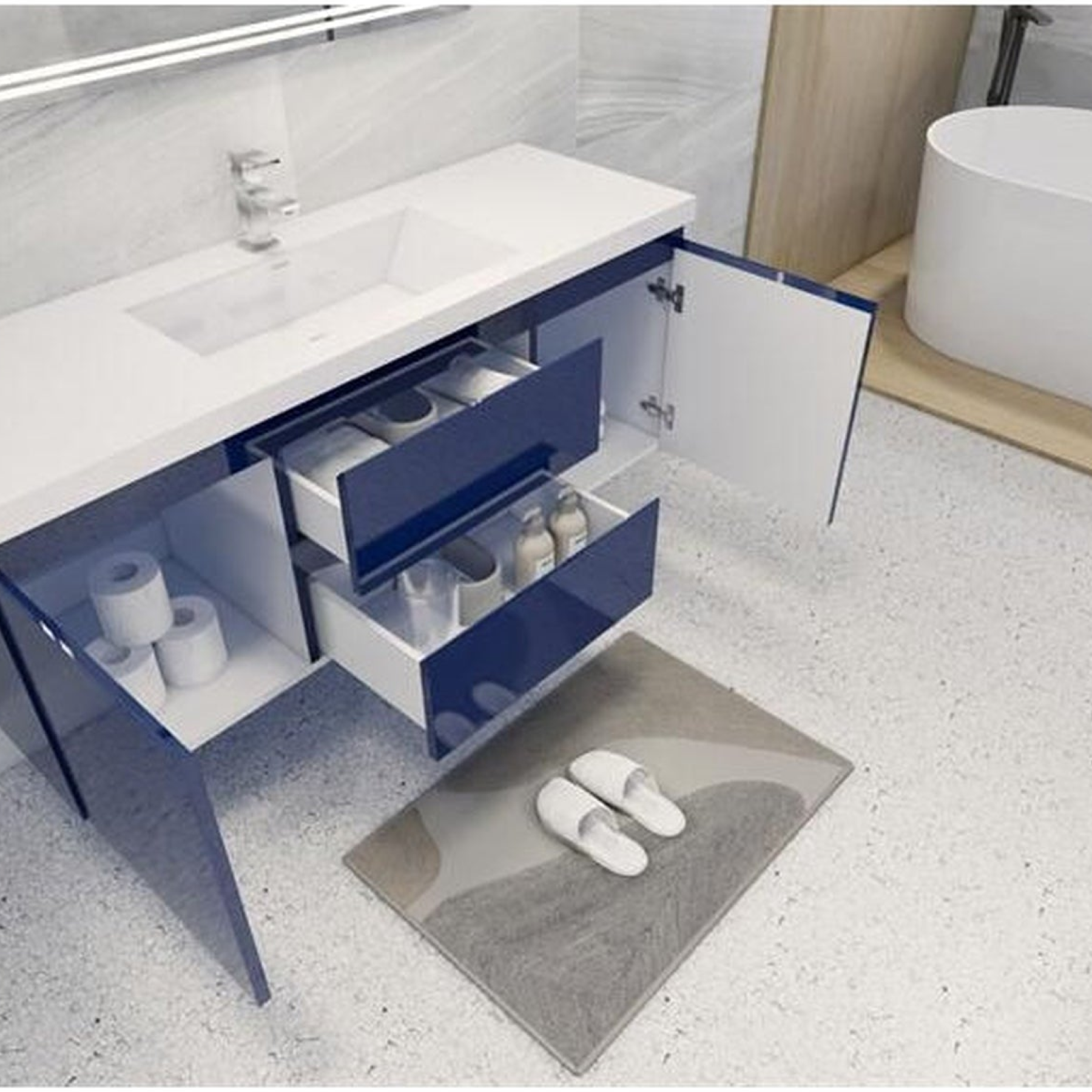 Boho Elegance 60" High Gloss Night Blue Wall-Mounted Vanity With Single Reinforced White Acrylic Sink