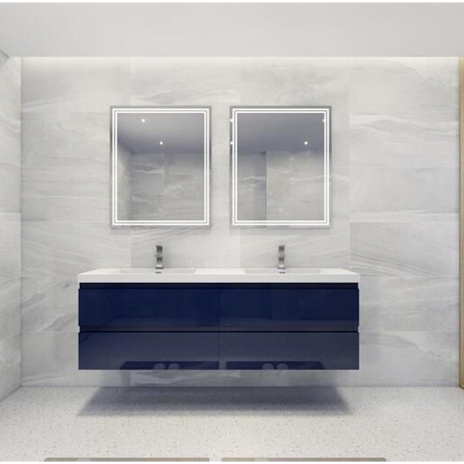 Boho Elegance 72" High Gloss Night Blue Wall-Mounted Vanity With Double Reinforced White Acrylic Sinks