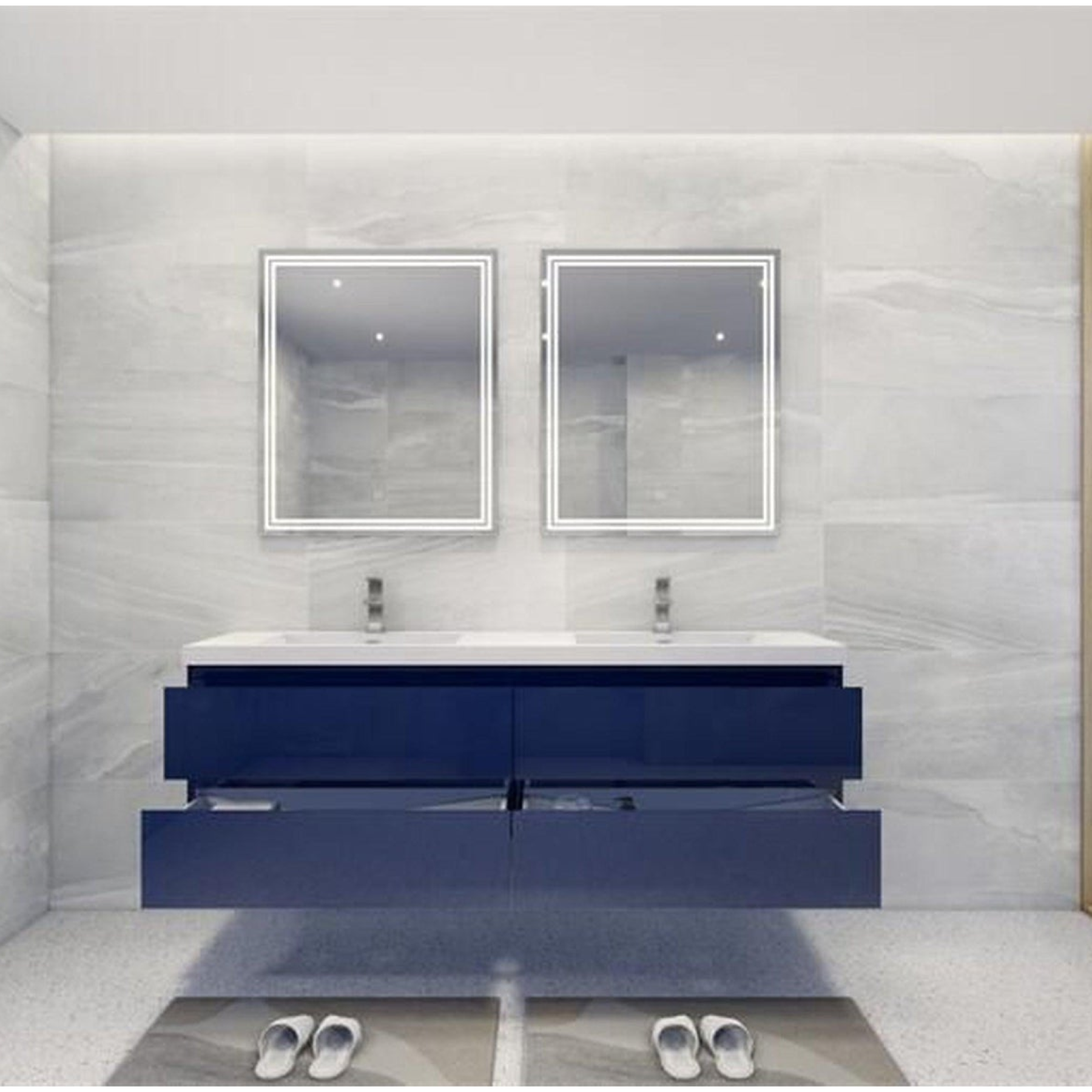 Boho Elegance 72" High Gloss Night Blue Wall-Mounted Vanity With Double Reinforced White Acrylic Sinks