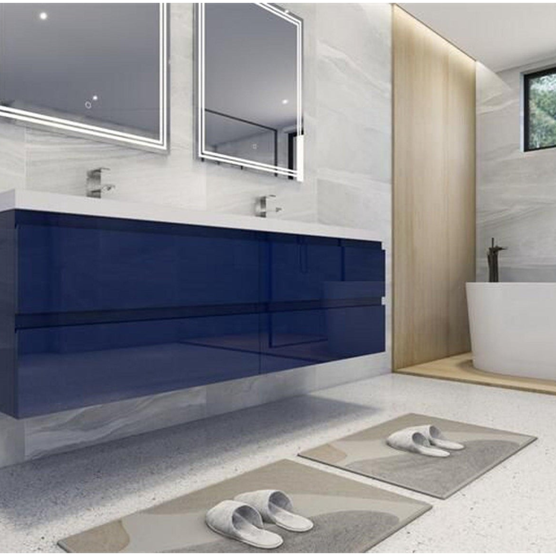 Boho Elegance 72" High Gloss Night Blue Wall-Mounted Vanity With Double Reinforced White Acrylic Sinks