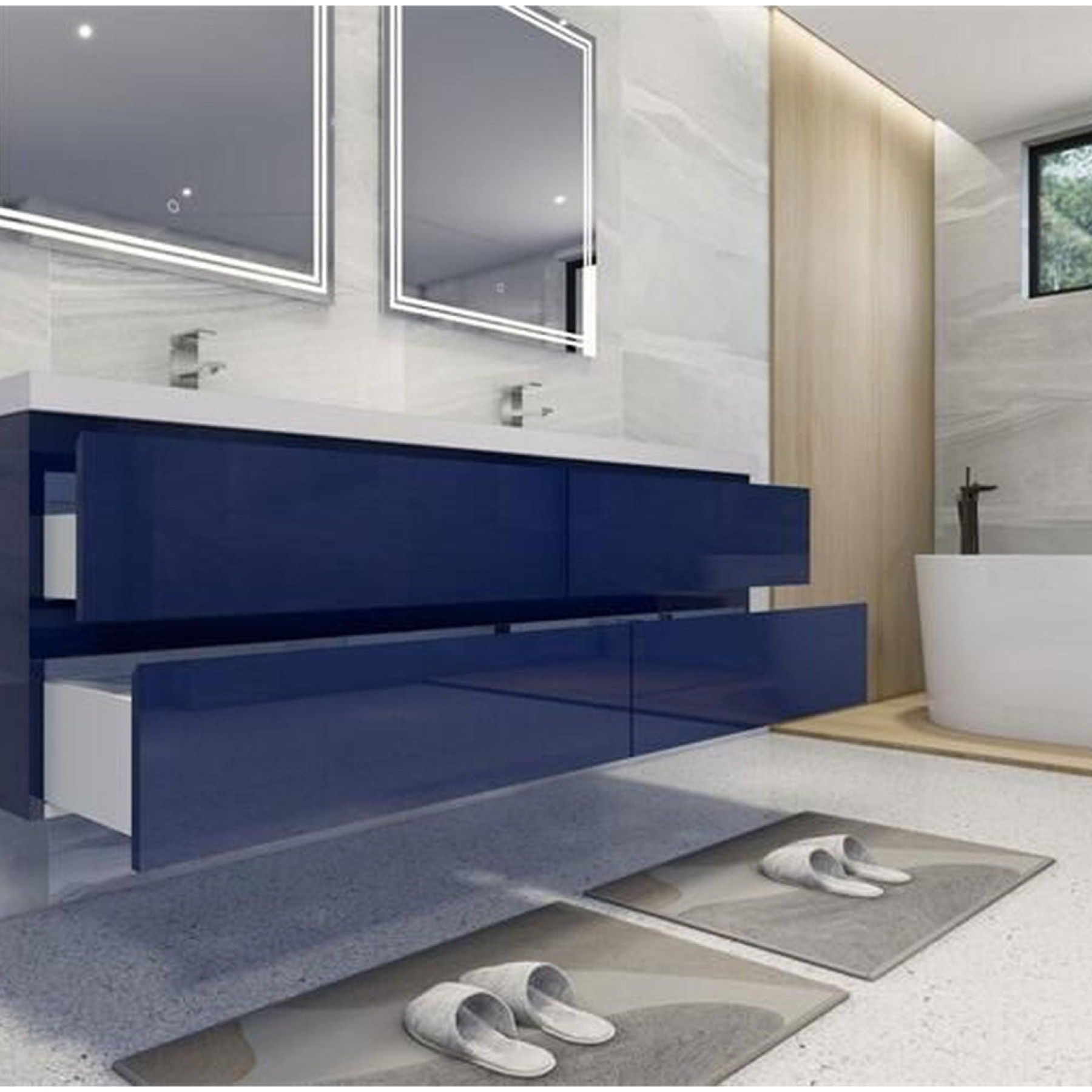 Boho Elegance 72" High Gloss Night Blue Wall-Mounted Vanity With Double Reinforced White Acrylic Sinks