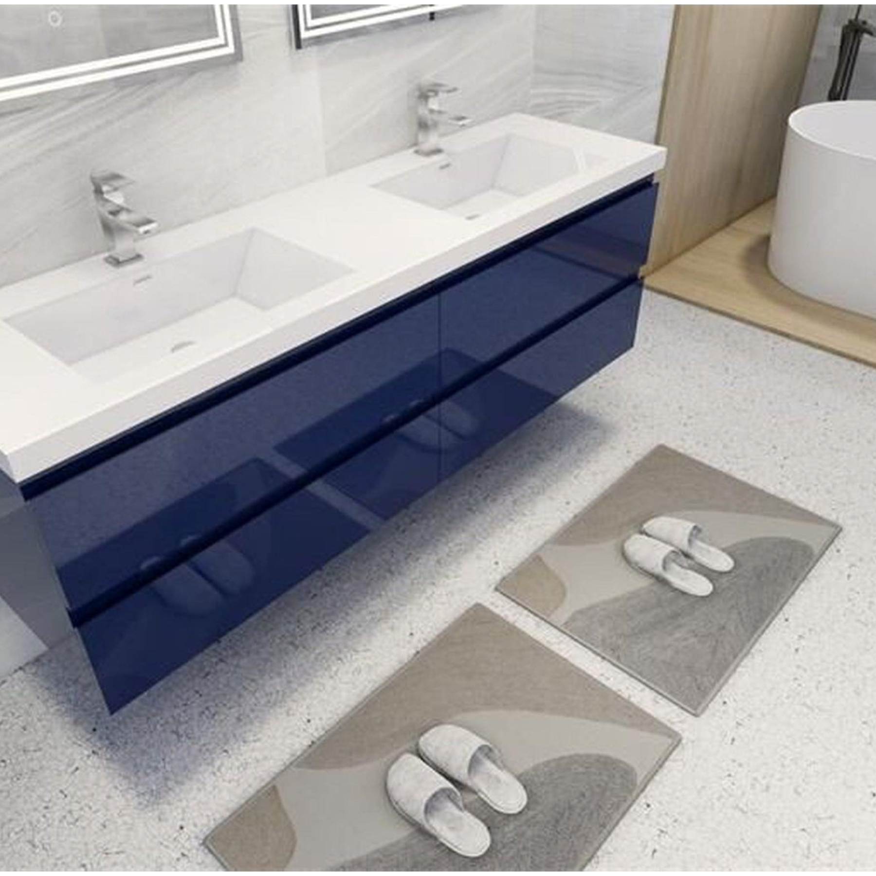 Boho Elegance 72" High Gloss Night Blue Wall-Mounted Vanity With Double Reinforced White Acrylic Sinks