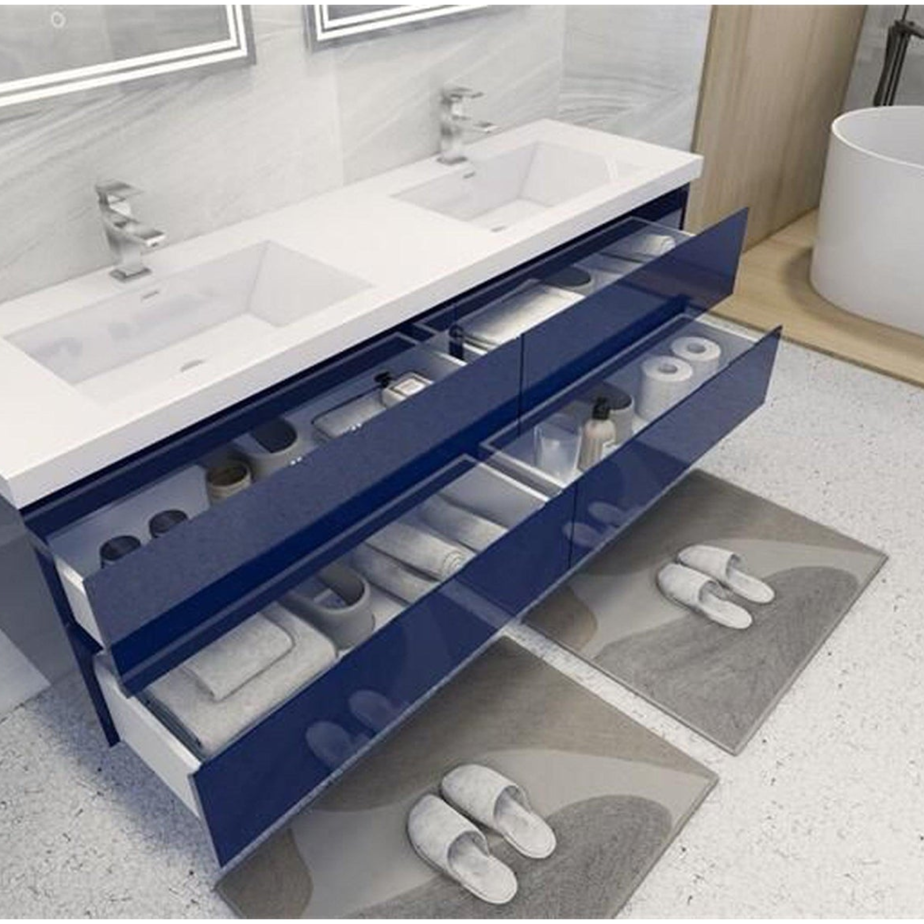 Boho Elegance 72" High Gloss Night Blue Wall-Mounted Vanity With Double Reinforced White Acrylic Sinks