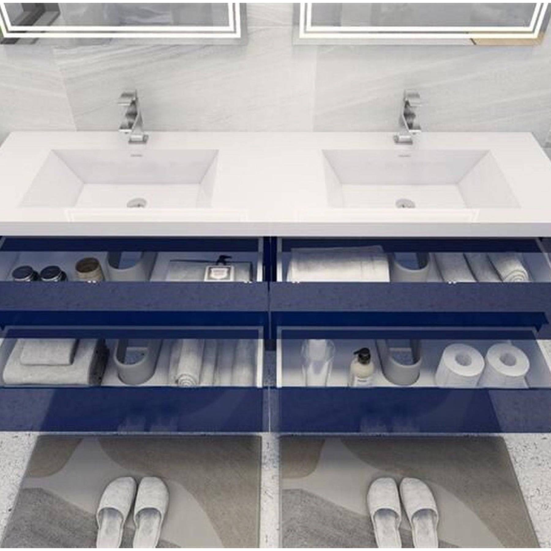 Boho Elegance 72" High Gloss Night Blue Wall-Mounted Vanity With Double Reinforced White Acrylic Sinks