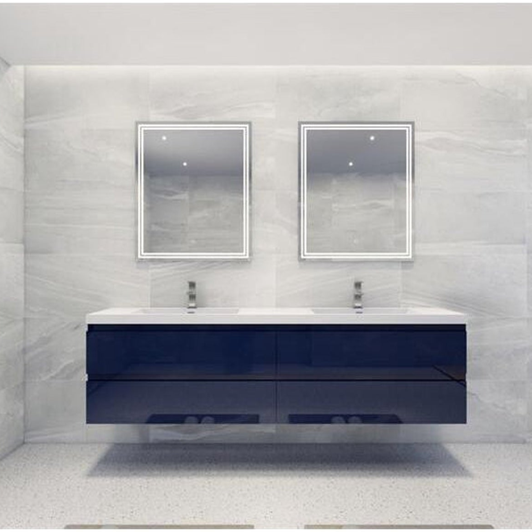 Boho Elegance 84" High Gloss Night Blue Wall-Mounted Vanity With Double Reinforced White Acrylic Sinks