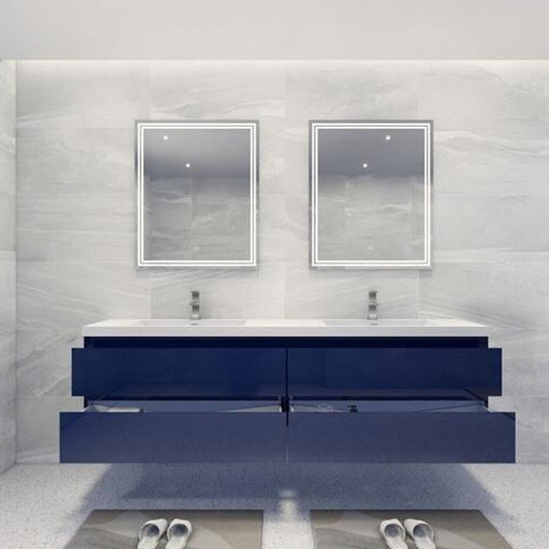 Boho Elegance 84" High Gloss Night Blue Wall-Mounted Vanity With Double Reinforced White Acrylic Sinks