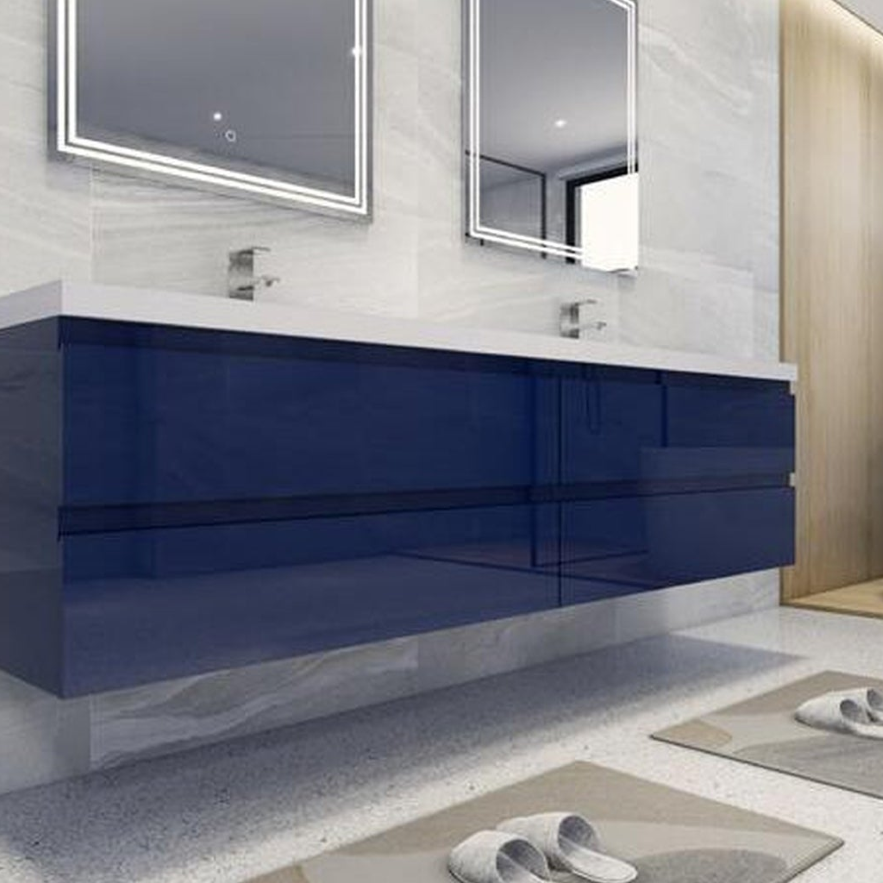 Boho Elegance 84" High Gloss Night Blue Wall-Mounted Vanity With Double Reinforced White Acrylic Sinks