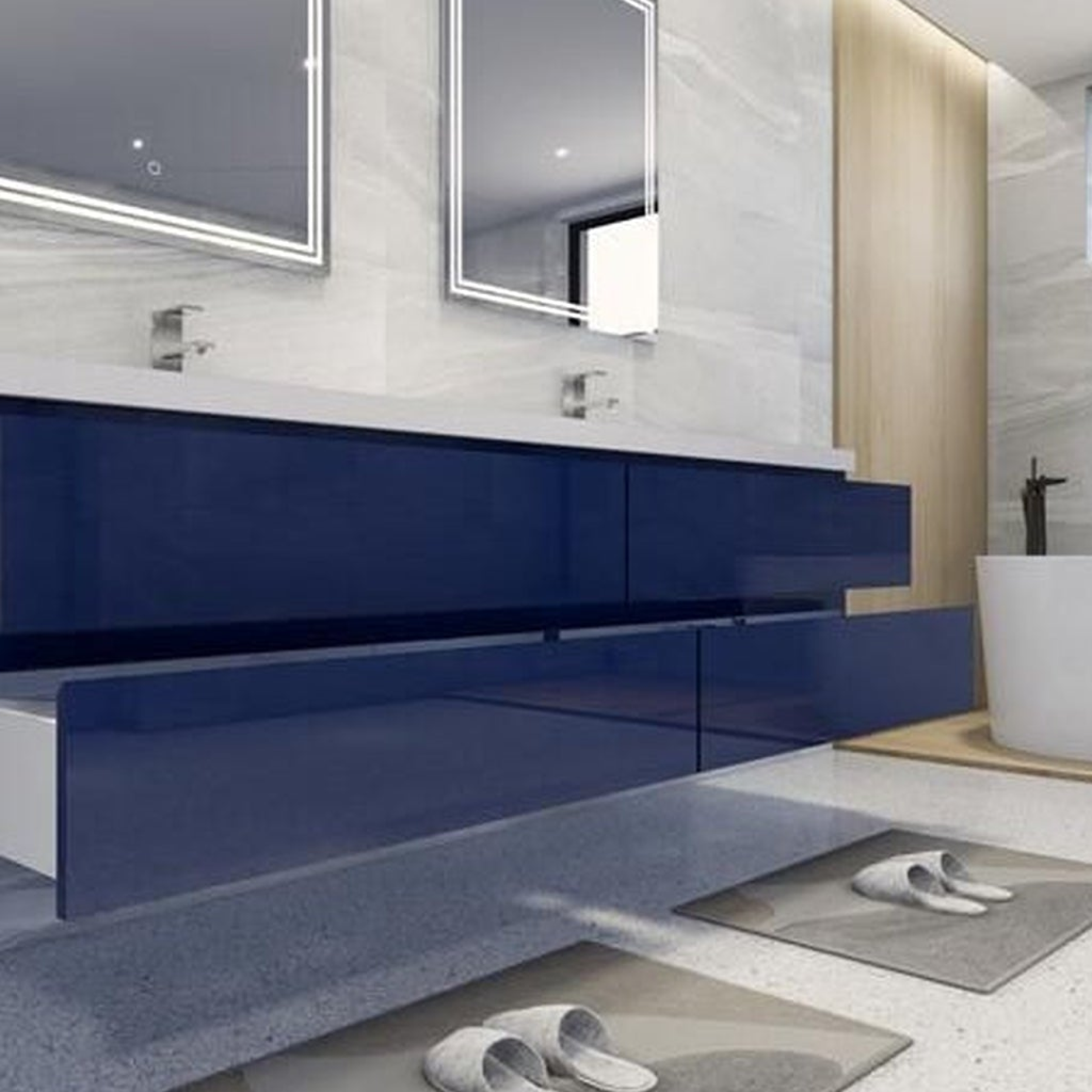 Boho Elegance 84" High Gloss Night Blue Wall-Mounted Vanity With Double Reinforced White Acrylic Sinks