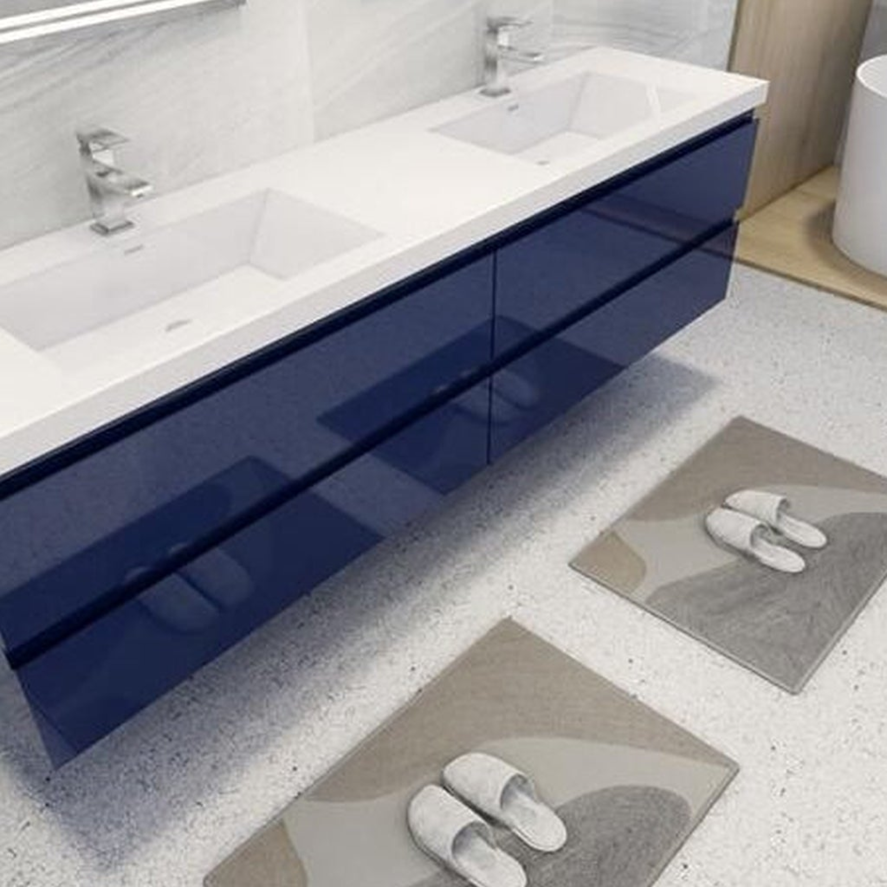 Boho Elegance 84" High Gloss Night Blue Wall-Mounted Vanity With Double Reinforced White Acrylic Sinks