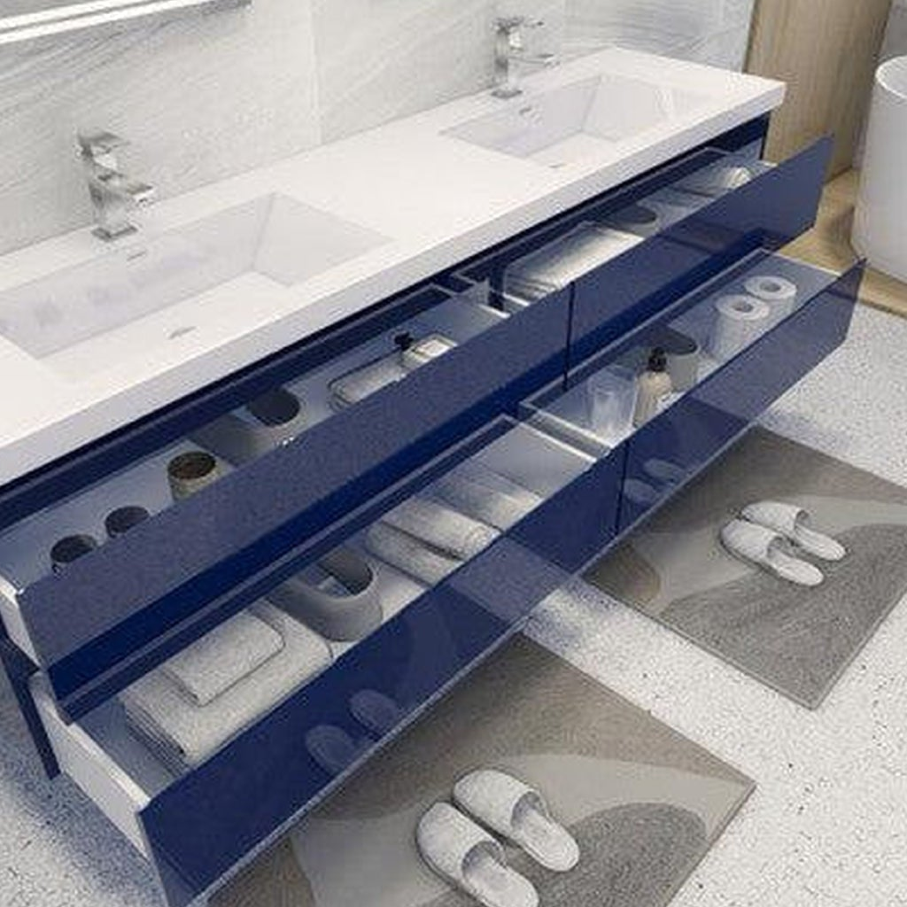 Boho Elegance 84" High Gloss Night Blue Wall-Mounted Vanity With Double Reinforced White Acrylic Sinks