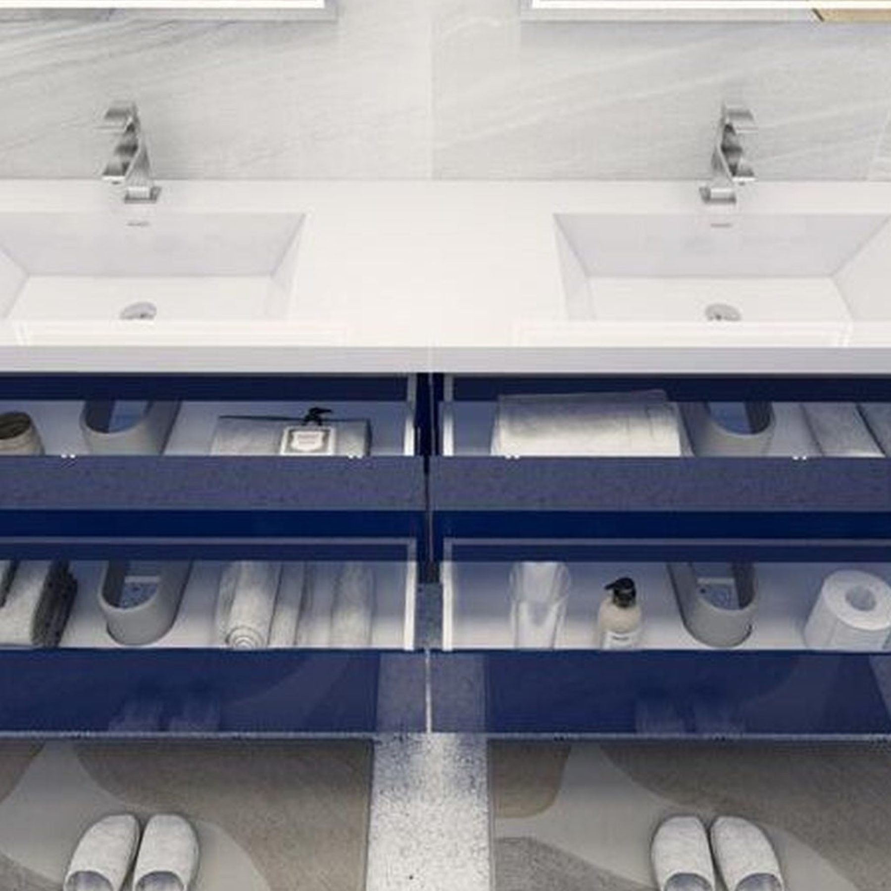 Boho Elegance 84" High Gloss Night Blue Wall-Mounted Vanity With Double Reinforced White Acrylic Sinks