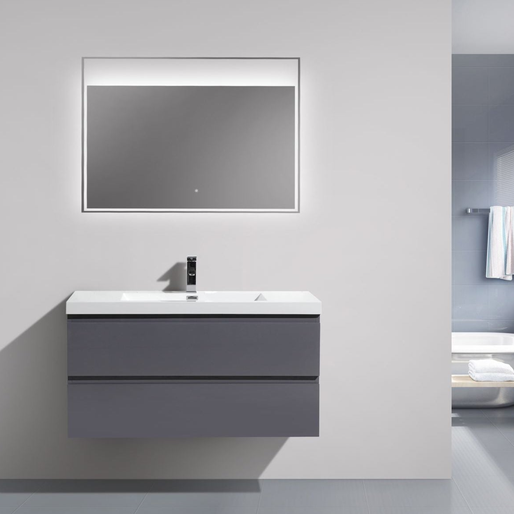 Boho Elegance 42" High Gloss Gray Wall-Mounted Vanity With Single Reinforced White Acrylic Sink