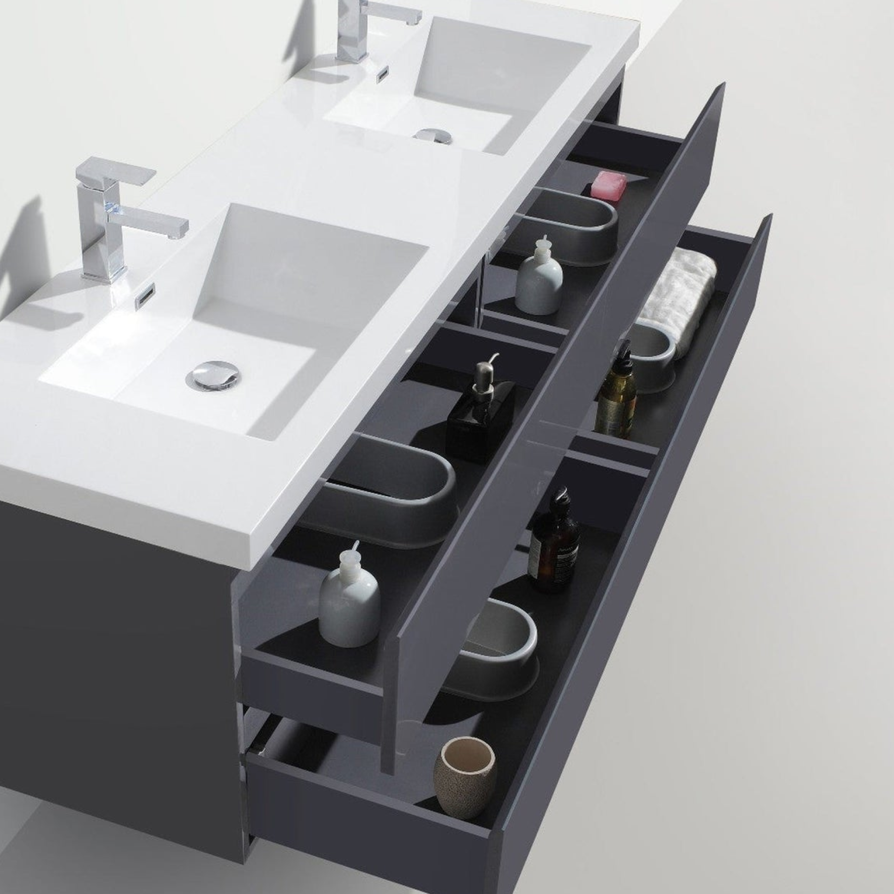 Boho Elegance 72" High Gloss Gray Wall-Mounted Vanity With Double Reinforced White Acrylic Sinks