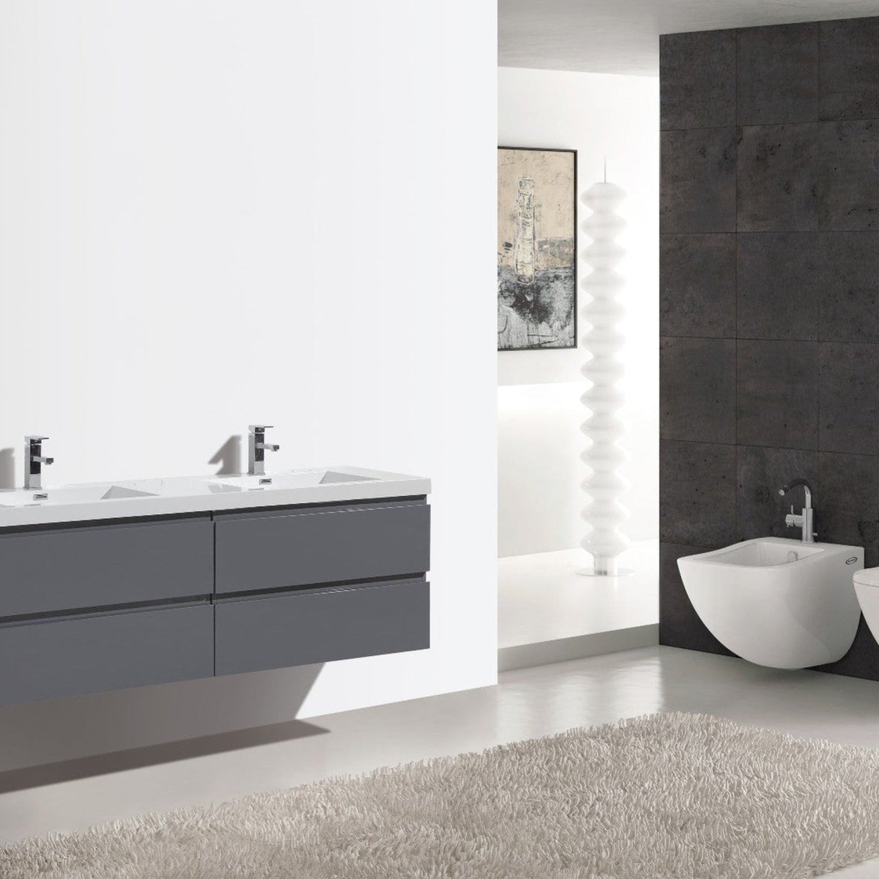 Boho Elegance 72" High Gloss Gray Wall-Mounted Vanity With Double Reinforced White Acrylic Sinks