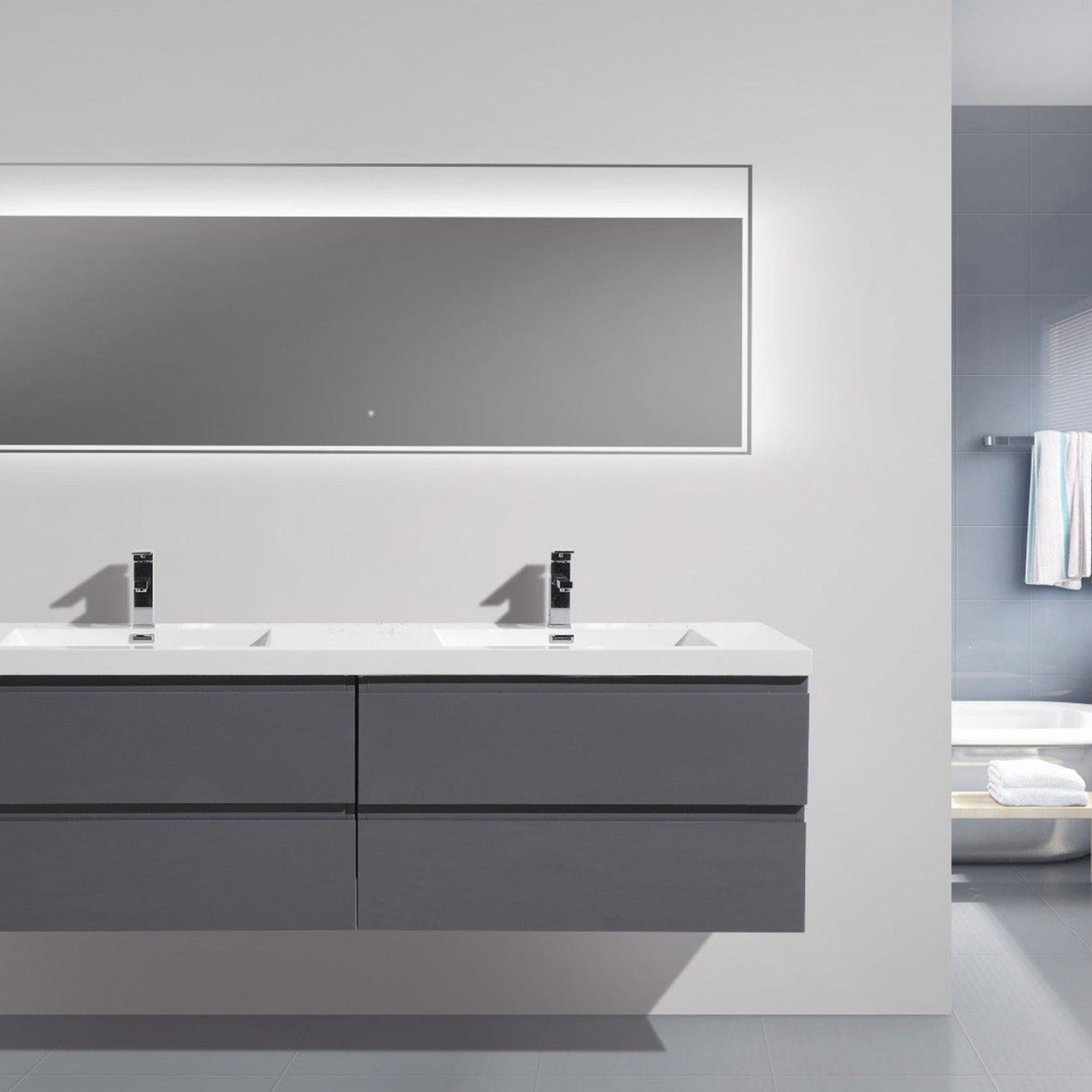 Boho Elegance 72" High Gloss Gray Wall-Mounted Vanity With Double Reinforced White Acrylic Sinks