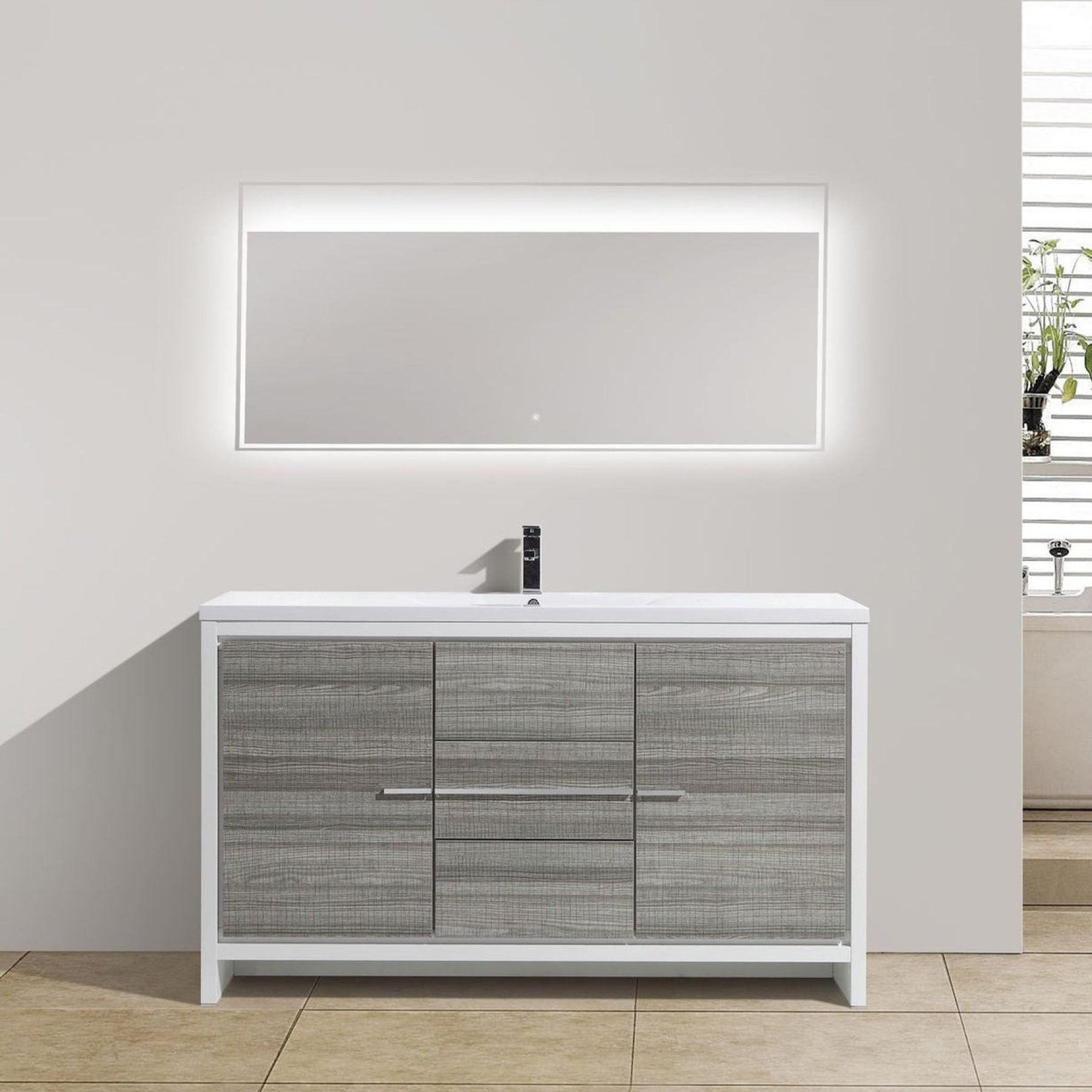 Amara 60" High Gloss Ash Gray Freestanding Vanity With Single Reinforced White Acrylic Sink