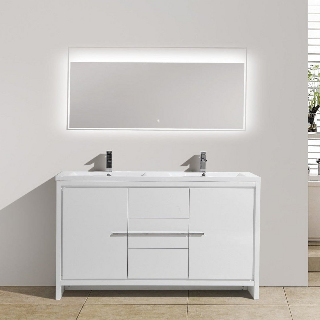Amara 60" High Gloss White Freestanding Vanity With Double Reinforced White Acrylic Sinks