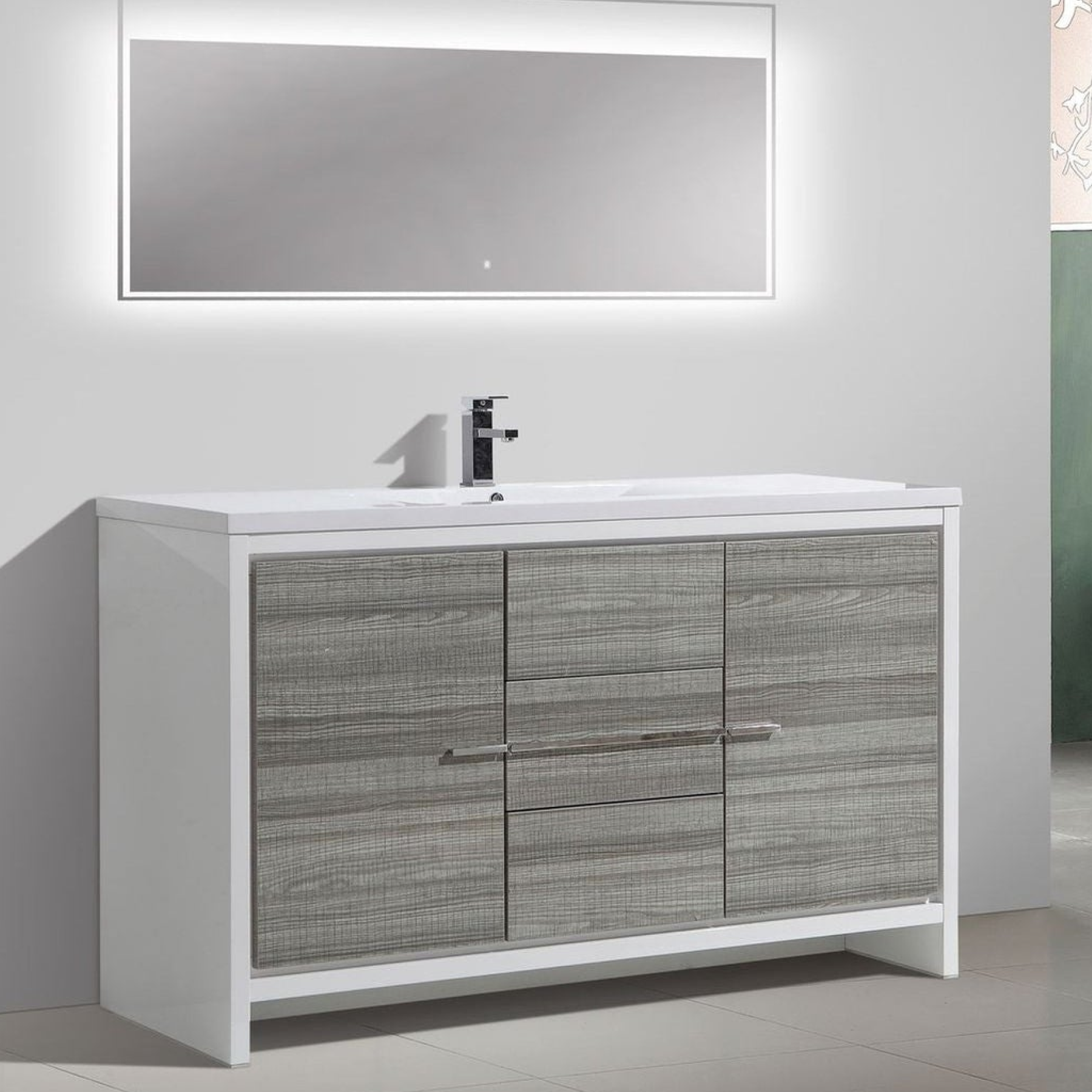 Amara 60" High Gloss Ash Gray Freestanding Vanity With Single Reinforced White Acrylic Sink