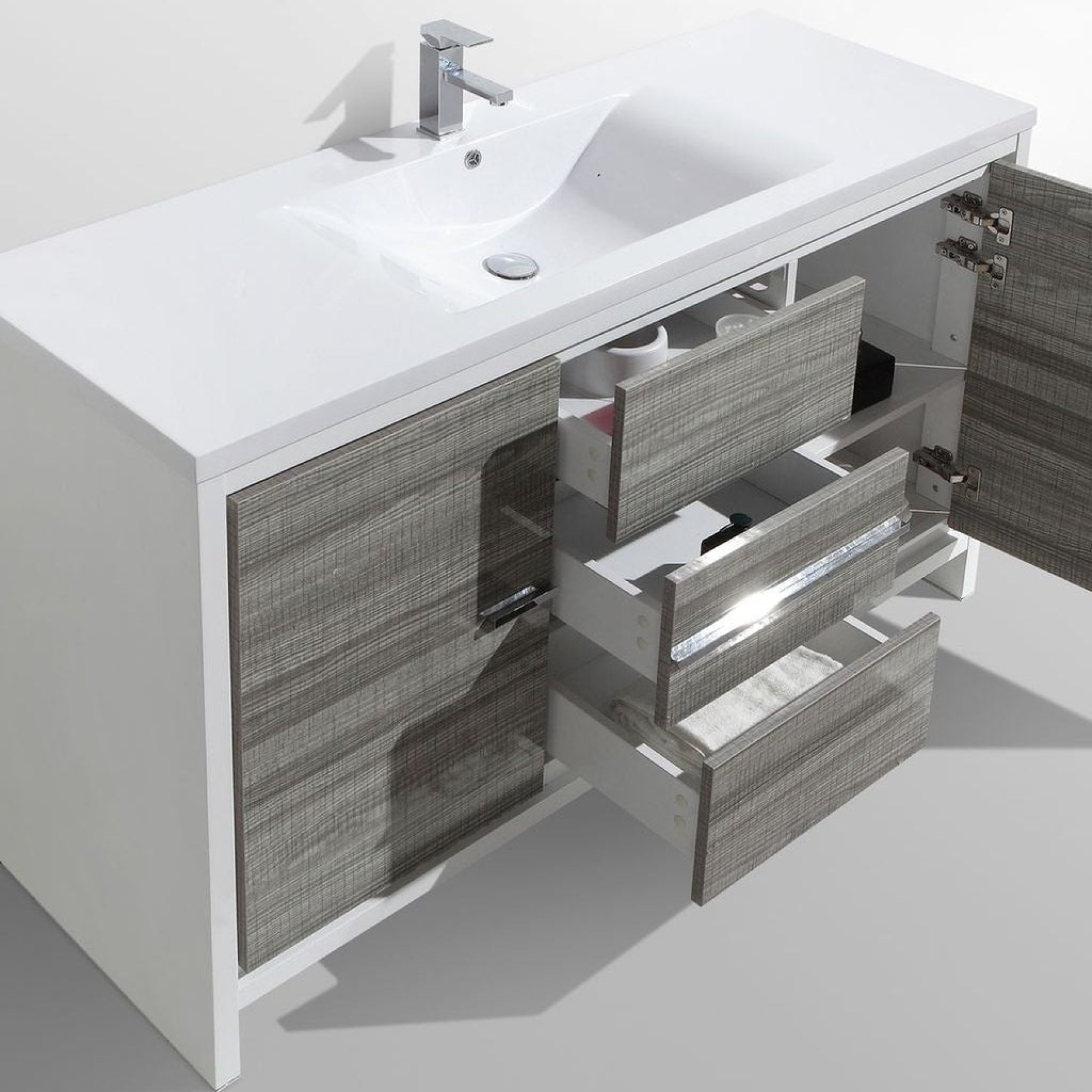 Amara 60" High Gloss Ash Gray Freestanding Vanity With Single Reinforced White Acrylic Sink