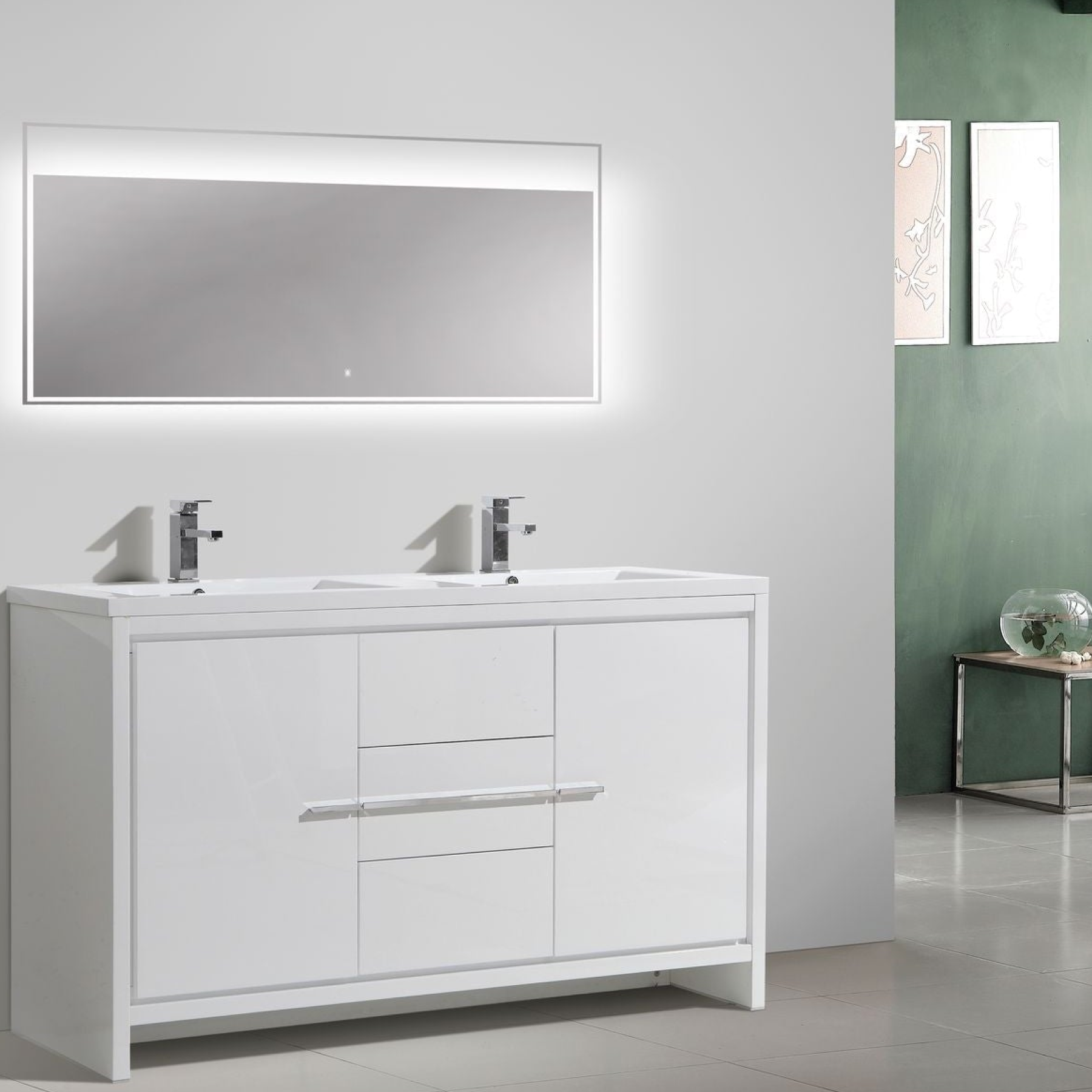 Amara 60" High Gloss White Freestanding Vanity With Double Reinforced White Acrylic Sinks