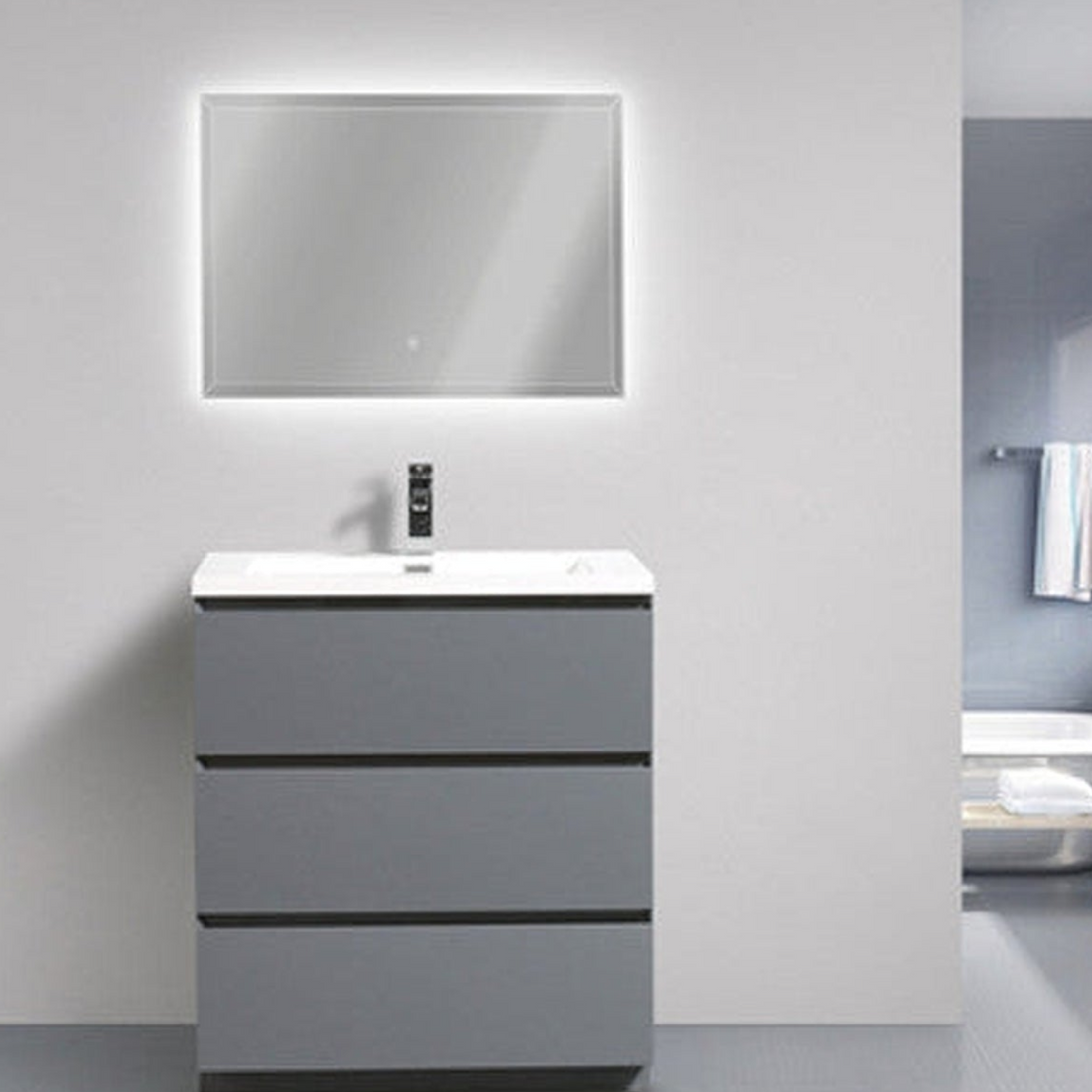 Elysian 30" High Gloss Gray Freestanding Vanity With Single Reinforced White Acrylic Sink