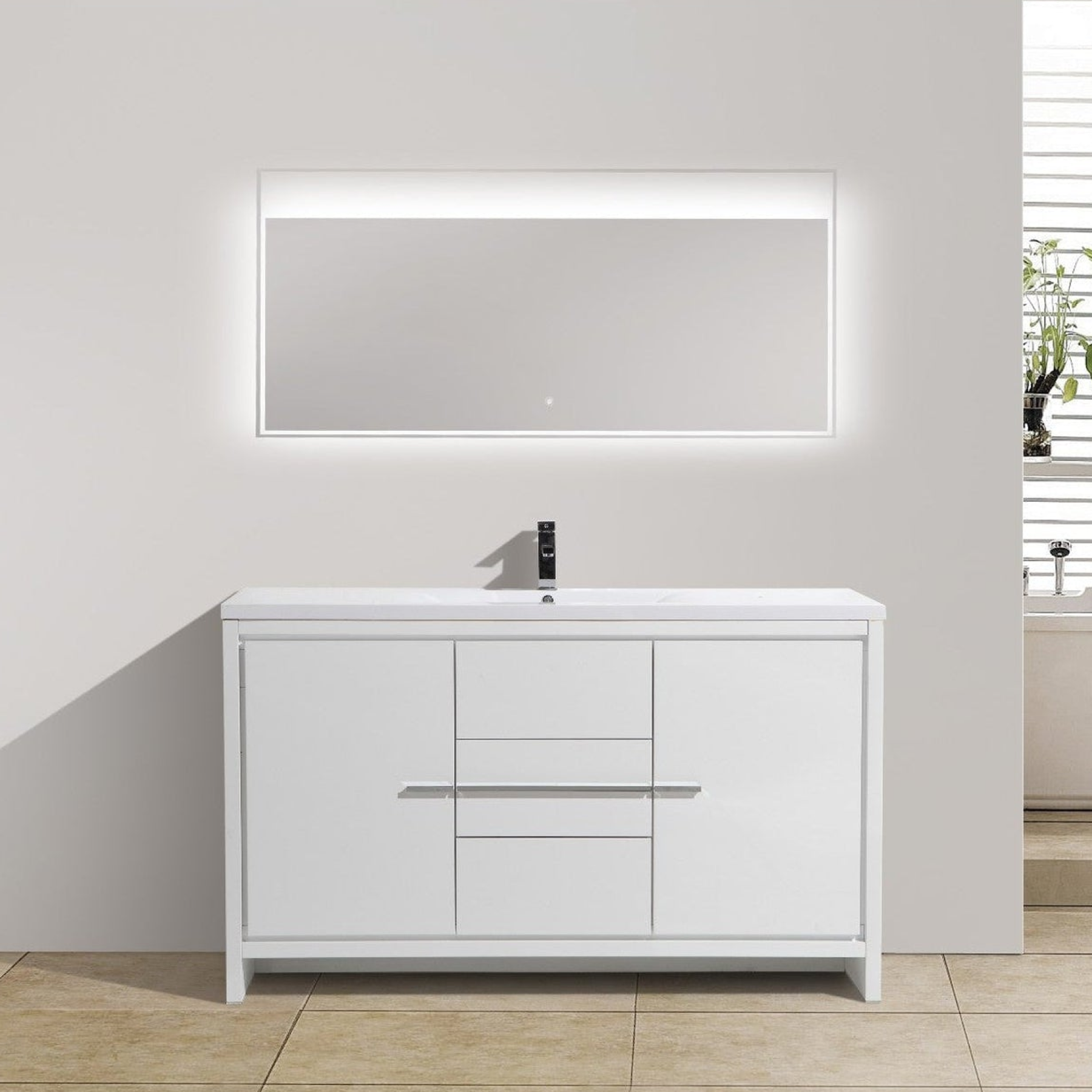 Amara 60" High Gloss White Freestanding Vanity With Single Reinforced White Acrylic Sink