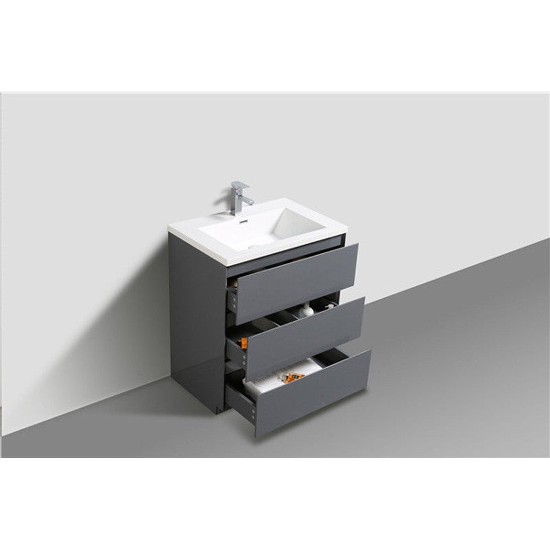 Elysian 30" High Gloss Gray Freestanding Vanity With Single Reinforced White Acrylic Sink