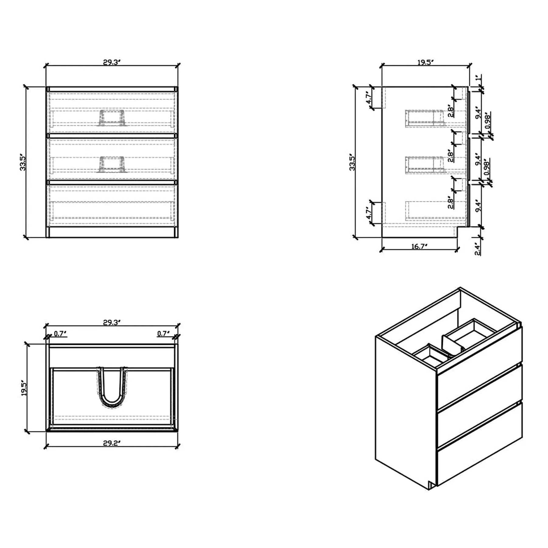 Elysian 30" High Gloss Gray Freestanding Vanity With Single Reinforced White Acrylic Sink
